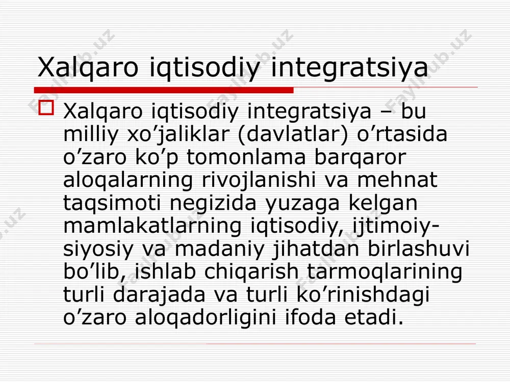osdagi integratsion jarayonlar davlatlararo darajada integratsiya davlatlar iqtisodiy birlashmalarining shakllanishi hamda iqtisodiy siyosatlarning kelishuvi asosida amalga oshadi. iqtisodiy integratsion jarayonlar asosidagi omillar: omillar xo’jalik hayotining baynalminal- lashuvi mehnat taqsimotining chuqurlashuvi ilmiy texnika inqilobi iqtisodiyotda ochiqlikning kuchayishi iqtisodiy integratsion jarayonlar asosidagi omillar: xo’jalik hayotining baynalminal- lashuvi mehnat taqsimotining chuqurlashuvi ilmiy texnika inqilobi iqtisodiyotda ochiqlikning kuchayishi xo’jalik hayotining yanada baynalminallashuvi baynalminallashuv – bu jahon xo’jaligining bir necha sub’ektlari o’rtasidagi o’zaro aloqalarni o’rnatilishi va rivojlanishining dastlabki bosqichidir. jahon iqtisodiyotida xo’jalik hayotining barqaror rivojlanishi, takror ishlab chiqarishning milliy xo’jaliklar doirasidan chetga chiqish jarayonini aks ettiradi (eng avvalo, xalqaro mehnat taqsimoti asosida). jahon xo’jaligi baynalminallashuvining o’sishi va rivojlanishida tmklarning ta’sir doirasi kattadir. yunktad ma’lumotiga ko’ra hozirgi kunda jahonda 40 mingdan ortiq tmklar va ularning 270 mingdan ortiq shaxobchalari va sho’’ba korxonalari faoliyat ko’rsatib kelmoqda. jahondagi 500 dan ortiq eng yirik korporatsiyalarning 1/3 qismi esa aqshga tegishlidir. xalqaro mehnat taqsimotining chuqurlashuvi jahon xo’jaligida xalqaro iqtisodiy integratsiyaning …