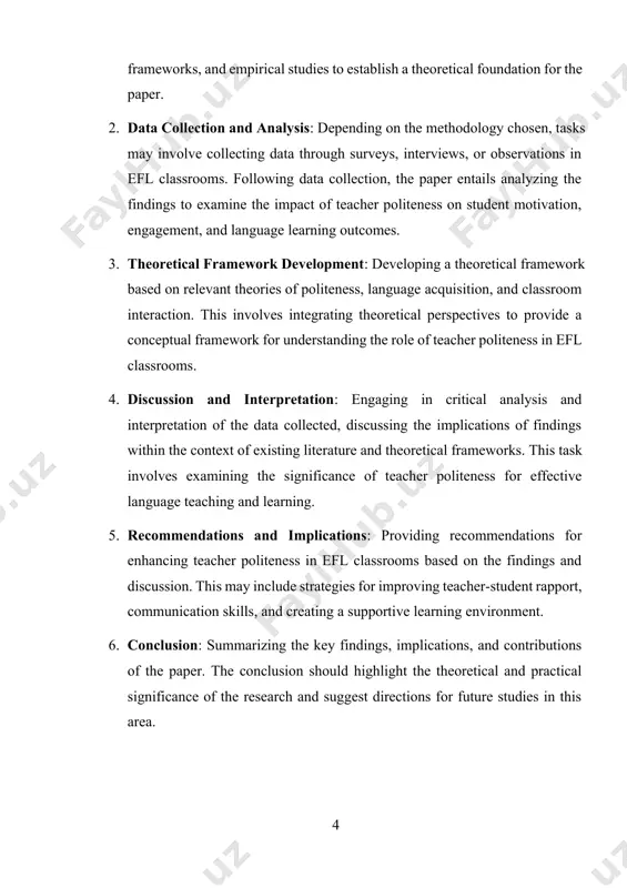 ective language teaching and learning. 5. recommendations and implications: providing recommendations for enhancing teacher politeness in efl classrooms based on the findings and discussion. this may include strategies for improving teacher-student rapport, communication skills, and creating a supportive learning environment. 6. conclusion: summarizing the key findings, implications, and contributions of the paper. the conclusion should highlight the theoretical and practical significance of the research and suggest directions for future studies in this area. chapter i understanding the role of politeness in efl classes 1.1 theoretical framework of politeness politeness theory, a cornerstone in sociolinguistics, provides a nuanced lens through which to understand the dynamics of social interaction and communication. developed primarily by penelope brown and stephen levinson in the 1970s, this theoretical framework offers insights into how individuals navigate social encounters while maintaining face, or positive social value, and managing potential threats to face. at its core, politeness theory posits …