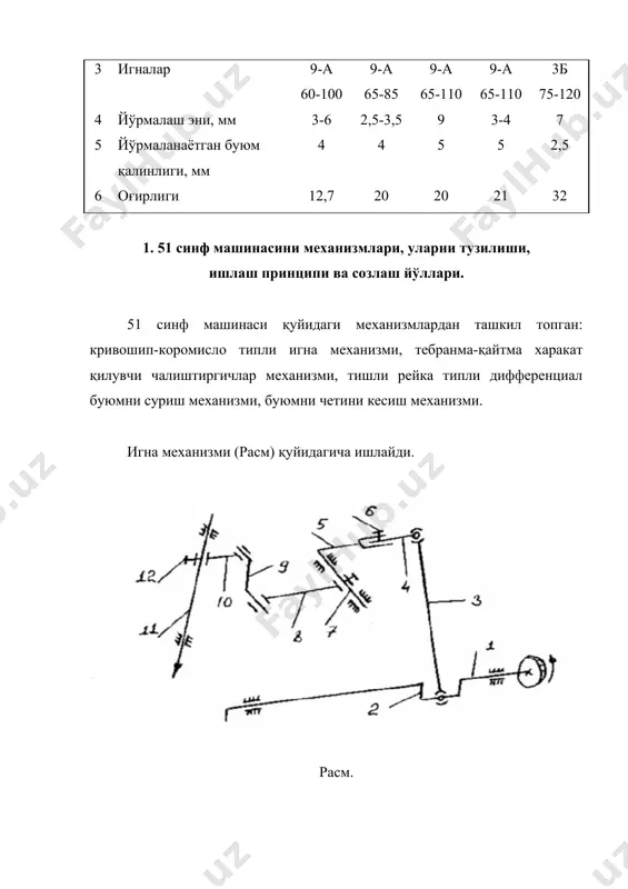 тарафга айлантиради, натижада 23 ричаг соат стрелкаси бўйича бурилиб 25 чап чалиштиргич ёрдамида игна ипини илиб олади, у энг охирги ўнг тарафга келганида 21 ўнг чалиштиргич, уни ипини орасидан ўзини ипини ўтказиб чап тарафга бурилишда давом этади ва ўз ипини игна пластинаси ўйиғидан олиб чиқиб, игнанинг харакат йўлига қўяди. созлашлар: 1. 25 чап чалиштиргич билан игна орасидаги масофа 0,05 мм атрофида бўлиши керак. бу хол 26 винтни бўшатилиб, чалиштиргични игна тарафга ёки ундан қарама-қарши тарафга буриш йўли билан амалга оширилади. 2. 25 чалиштиргич ёрдамида игна солқисини илиб олиш вақти 26 винтни бўшатилиб, 25 чалиштиргични ўнгга ёки чапга суриш билан амалга оширилади. бунда чап чалиштиргич энг чапги холга келганда уни бурни билан игнани харакат йўли орасидаги масофа 2-3,5 мм бўлиши керак. 3. йўрмаланаётган буюмни қалинлигига қараб чалиштиргичларни тебраниш йўли ўзгартирилади. бунинг учун 17 винт бўшатилиб, 16 сферик бошли бармоқча чапга ёки ўнгга сурилади. агар чапга сурилса 18 ричагни елкаси катталашади, бунда …