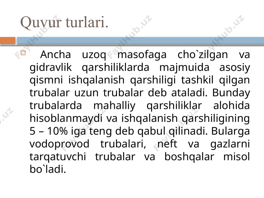bo`lagini ko`ramiz. asosiy truboprovod a nuqtadan uchta 1, 2, 3 tarmoqlarga ajralsin. ularning oxirgi nuqtalarining balandliklari z1, z2, z3, bosimlari p1, p2, p3, sarflari q1, q2, q3 bo`lsin . u holda bu sarflarning yig`indisi asosiy trubadagi sarfga to`g`ri keladi: q = q1+q2+q3 har bir tarmoq uchun bernulli tenglamasini quyidagicha yozish mumkin: trubalarning tarmoqlarga bo`linishi. bu tengliklarda p1, p2, p3, larni atmosfera bosimiga teng deymiz va eka-nini hisobga olib hamda 1, 2, 3 trubalar uchun (9.2) formuladan foydalanib, quyidagilarni yozamiz: e’tiboringiz uchun raxmat! image5.jpeg image6.jpeg image7.wmf image8.wmf oleobject1.bin oleobject2.bin image9.wmf image10.wmf oleobject3.bin oleobject4.bin image11.wmf image12.wmf image13.jpeg oleobject5.bin oleobject6.bin image14.wmf image15.wmf image16.wmf image17.wmf image18.wmf image19.wmf oleobject11.bin oleobject12.bin oleobject13.bin oleobject7.bin oleobject8.bin oleobject9.bin oleobject10.bin image20.wmf oleobject14.bin image21.jpeg image22.jpeg image23.jpeg image24.wmf image25.jpeg oleobject15.bin image26.wmf oleobject16.bin image27.wmf image28.wmf image29.wmf image30.jpeg oleobject17.bin oleobject18.bin oleobject19.bin image31.wmf . ..... 2 2 1 1 n n m l m l m l h h h h h h h + …