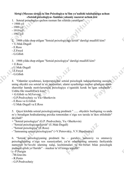 sotsial psixologiya nazorat testi — DOC