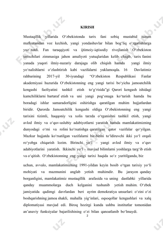 sh. ikkinchi yo‘l – mavjud bilimlarni yoshlarga targ‘ib etish va o‘qitish. o‘zbekistonning eng yangi tarixi haqida so‘z yuritilganda, biz uchun, avvalo, mamlakatimizning 1991-yildan keyin bosib o‘tgan tarixiy yo‘li mohiyati va mazmunini anglab yetish muhimdir. bu jarayon qanday borganligini, mamlakatimiz mustaqillik arafasida va uning dastlabki yillarida qanday muammolarga duch kelganini tushunib yetish muhim. o‘zbek jamiyatida qadimgi davrlardan beri ayrim demokratiya unsurlari: o‘zini o‘zi boshqarishning jamoa shakli, mahalla yig‘inlari, oqsoqollar kengashlari va xalq diplomatiyasi mavjud edi. biroq hozirgi kunda ushbu institutlar tomonidan an’anaviy funksiyalar bajarilishining o‘zi bilan qanoatlanib bo‘lmaydi. 1.1 shavkat mirziyoyev imom buxoriy maqbarasi va hadis ilmi maktabida bo‘ldi prezident shavkat mirziyoyev samarqand viloyatiga tashrifi chog‘ida dastlab imom buxoriy maqbarasini ziyorat qildi. qur’on tilovat qilindi, deb xabar berdi prezident matbuot xizmati. foto: prezident matbuot xizmatima’lumki, 2016-yili islom hamkorlik tashkiloti tashqi ishlar vazirlari kengashining 43-sessiyasi ochilish marosimida shavkat mirziyoyev imom buxoriy yodgorlik majmuasi yonida ilmiy-tadqiqot markazini tashkil etish taklifi bilan chiqqan edi. …