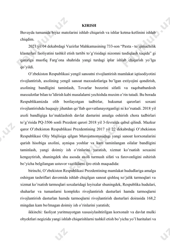 kotaj materialdan tayyorlangan tayyor kiyim-kechak-bolalar kiyimlari, erkaklar kiyimlari, ayollar kiyimlari – kombinezonlar to’quv materialidan tayyorlangan tayyor kiyimlar: terri va vafli sochiqlar,choyshablar, 100% paxta to’qilmagan mato; 100% paxta matolari; bo’yalgan va bosilgan; buvayda tekstil" mchj korxonasi o’z faoliyati davomida o’zini o’zbekiston bozorida sifatli trikotaj mahsulotlarini ishonchli ishlab chiqaruvchi va yetkazib beruvchi sifatida ko’rsatdi. bizning arsenalimizda – mahsulotlarimizni boshqa mahalliy analoglar orasida yuqori raqobatbardosh qiladigan zamonaviy uskunalar va yangi ishlab chiqarish texnologiyalari. sifatni nazorat qilish uchun uzcottongrup shveysariyaning "uster technologiyes ag" avtomatlashtirilgan laboratoriyasidan foydalanadi, u bugungi kunda to’qimachilik ishlab chiqarish uchun laboratoriya uskunalarining ilg’or ishlab chiqaruvchisi bo’lib, shu bilan o’z mahsulotlarining sifatini kafolatlaydi. mchj jamoasi "buvayda tekstil" , bugungi kunga kelib, milliy va sanoat talablariga muvofiq o’z malakalarini muntazam ravishda oshirib boradigan 1300 dan ortiq kishi bor. mchj kompaniyasi "quva tekstil" tarkibiga kiruvchi uzcottongrup iso 9001:2015 ga muvofiq xalqaro sifat menejmenti, iso 14001:2015 ga muvofiq atrof-muhitni boshqarish va iso 45001:2018 ga muvofiq …