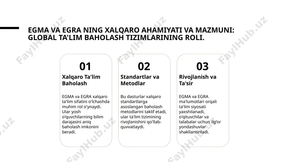 imkoniyatini yaratadi. 3 kelajak uchun ahamiyati egma va egra natijalari ta'lim siyosatini shakllantirishda, o'qituvchilar tayyorlashda va ta'lim jarayonini rivojlantirishda muhim rol o'ynaydi. o'zbekiston sharoitida egma va egra amaliyotining asosiy bosqichlari va jarayonlari. bosqichli rejalashtirish o'zbekiston sharoitida egma va egra amaliyotining bosqichlari aniq rejalashtirishdan boshlanadi, bu esa muvaffaqiyatli implementatsiya uchun muhim asos yaratadi. ta'lim muhitini tayyorlash amaliyot uchun avvalo maktablar, o'qituvchilar va bolalar uchun tayyorlik jarayoni o'tkaziladi, bu esa baholash jarayonining samaradorligini oshiradi. monitoring va baholash bosqichlar davomida doimiy monitoring va natijalarni tahlil qilish orqali jarayonni takomillashtirish, xatoliklarni aniqlash va natijalarni yaxshilash mumkin. egma va egra baholash metodologiyasining mahalliy va xalqaro standartlarga moslashuvi. 1 standartlarga moslashuv egma va egra metodologiyalari xalqaro standartlar bilan muvofiqlashtirilmoqda, bu esa baholash jarayonlarining adolatli va aniq bo‘lishini ta’minlaydi. 2 mahalliy ehtiyojlar bilan uyg‘unlik mahalliy pedagogik amaliyotlar va o‘quvchilarning rivojlanish darajasi hisobga olinib, metodologiyalar moslashtirilmoqda, bu esa natijalarni yaxshilashga yordam beradi. 3 texnologik integratsiya zamonaviy texnologiyalar va …