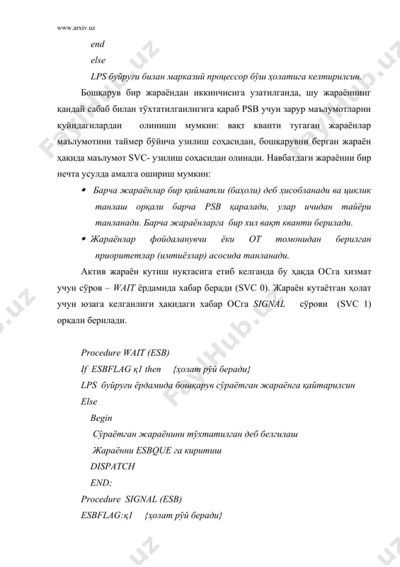 ишлаши мумкин. ос ўқиш-ёзиш жараёнига бир неча ҳолларда жалб қилиниши мумкин. тизим фойдаланувчи программаси томонидан ўқиш-ёзишга талабни қабул қилиши ва бу амални қачон бажарилиши ҳақида хабар бериши керак. иккинчидан, ос ёзиш каналларини бошқариш ва улар ҳосил қилувчи узилишларни бажариши керак. фойдаланувчи программаси (қв/сўм) да ўқиш-ёзиш амалини бажариш учун svc 2 буйруғини беради. буйруқ параметрлари сифатида канал номерини, канал программасининг адреси ва ўқиш-ёзиш тугаганлигини билдиришда ишлатувчи соҳи-жараён ҳолати блоки (esb) адреси кўрсатилади. агар программа ўқиш-ёзиш амали тугаллашини кутиш керак бўлса, у svc 0 (wait) буйруғини бажариши керак. бу буйруқда ҳодиса ҳолати блокининг адреси кўрсатилади. демак ўқиш-ёзиш амалини бажариш қуйидаги кўринишда бўлади. svc 2 {ўқиш-ёзиш амалига сўров} ……... …….. …….. svc 0 { натижани кутиш} айрим ҳолларда бу иккита буйруқ кетма-кет келиши мумкин. бироқ, ўқиш-ёзиш жараёни бажарилаётганда программа томонидан бошқа амаллар бажариб туриши ( мумкин бўлса) мақсадга мувофиқдир. қуйида бу жараён тўлиқроқ келтирилган. бу программада бошқа регистрларга канал программаси адреси, канал номери …
