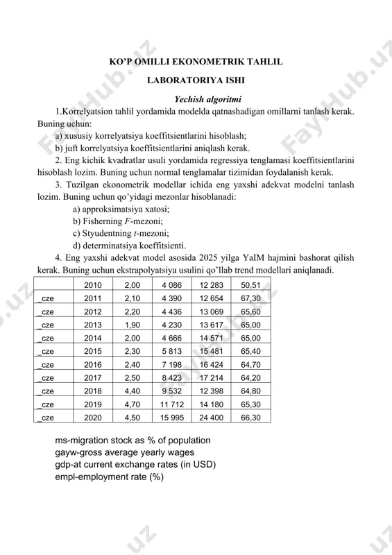 стика множественный r 0,991708 r-квадрат 0,983486 нормированный r-квадрат 0,976408 стандартная ошибка 0,171702 наблюдения 11 дисперсионный анализ df ss ms f значимость f регрессия 3 12,28999 4,096665 138,9575 1,34e-06 остаток 7 0,20637 0,029481 итого 10 12,49636 коэффициенты стандартная ошибка t-статистика p-значение нижние 95% верхние 95% нижние 95,0% верхние 95,0% y-пересечение 2,391613 0,788823 3,031877 0,019064 0,526344 4,256882 0,526344 4,256882 x1 0,0004 2,16e-05 18,52235 3,32e-07 0,000349 0,000451 0,000349 0,000451 x2 -0,00021 2,37e-05 -8,76162 5,08e-05 -0,00026 -0,00015 -0,00026 -0,00015 x3 0,010069 0,012495 0,805893 0,446813 -0,01948 0,039614 -0,01948 0,039614 вывод остатка наблюдение предсказанное y остатки 1 1,979584 0,020416 2 2,192954 -0,09295 3 2,108256 0,091744 4 1,905645 -0,00564 5 1,881363 0,118637 6 2,155058 0,144942 7 2,505802 -0,1058 8 2,826535 -0,32653 9 4,278109 0,121891 10 4,784713 -0,08471 11 4,381983 0,118017 tahlil natijalariga diqqat bilan ahamiyat beradigan bo’lsak, natijalar uch qismdan tashkil topganini ko’rishimiz mumkun. i-qism регрессионная статистика (regression statistika) deb nomlangan bo’lib, bu qismda множественный r (korrelatsiya …