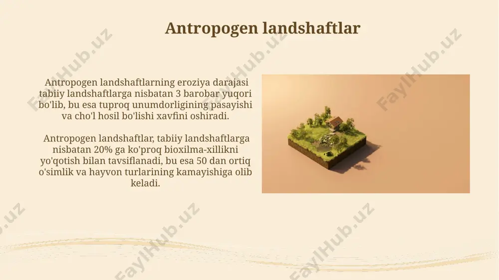 tlar tasnifi köppen iqlim tasnifi kabi tizimlar landshaftlarni iqlim xususiyatlariga asoslangan holda 10 dan ortiq turkumga ajratadi, bu esa hududiy o'zgarishlarni batafsil o'rganish imkonini beradi. iqlim zonalari bo'yicha 5 ta asosiy landshaft turi ajratiladi: arktik, subarktik, mo''tadil, subtropik va tropik, har biri o'ziga xos o'simlik va tuproq xususiyatlariga ega. ekologik landshaftlar tasnifi ekologik landshaftlarni tasniflashda, 3 dan ortiq ekologik omillar (tuproq, suv, iqlim) muhim rol o'ynaydi va ularning o'zaro ta'siri landshaftning tuzilishi va funksiyasini belgilaydi, bu esa ekologik muvozanatni o'rganishga yordam beradi. landshaftlarning ekologik tasnifi, biom tiplarini (masalan, 10 ga yaqin biom) hisobga olgan holda, ularning tuzilishi, funksiyasi va ekologik xususiyatlariga asoslanadi, bu esa yashash muhitini tahlil qilish uchun muhimdir. tabiiy landshaftlarning asosiy turlari tabiiy landshaftlarning xususiyatlari, masalan, balandligi 1000 metrdan yuqori bo'lgan tog'li hududlarning gidrologik rejimlari va o'simliklarining tur tarkibi pasttekisliklardan sezilarli darajada farq qiladi. o'rmonli landshaftlar, cho'l landshaftlari va dasht landshaftlari kabi 5 ta asosiy biom o'simliklarning turlari …