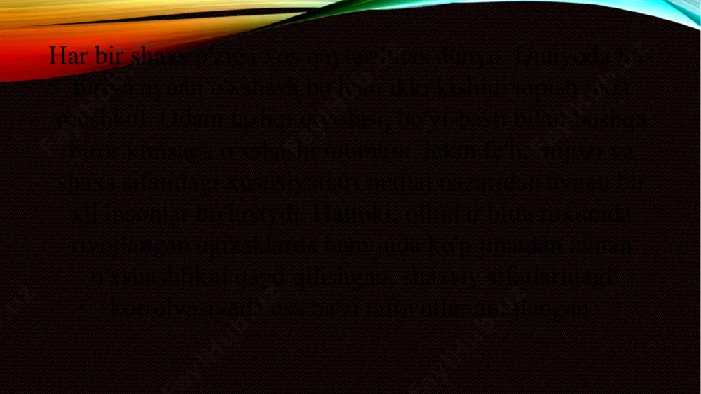 sifatlari bir xil bo'lgan insonlarni topish mumkin, lekin xarakteri, qobiliyatlari, temperamenti, faoliyat motivasiyasi va boshqalarga aloqador sifatlari majmui bir xil bo'lgan odamni topib bo'lmaydi. ular - individualdir. qobiliyatlar - shaxsdagi shunday individual, turg'un sifatlarki, ular odamning turli xil faoliyatdagi ko'rsatgichlari, yutuqlari va qiyinchiliklari sabablarini tushuntirib beradi. temperament - insonning turli vaziyatlarda narsa, hodisa, holatlar va insonlarning hatti-harakatlariga nisbatan reaksiyasini tushuntirib beruvchi xususiyatlari majmuidir xarakter - shaxsning alohida insonlar va insonlar guruhi, o'z-o'ziga, vaziyatlar, narsalar va hodisalarga nisbatan munosabatlaridan orttiradigan sifatlarini o'z ichiga oladi. irodaviy sifatlar - har birimizning o'z oldimizga maqsad qo'yib, unga erishish yo'lidagi qiyinchiliklarni engishimizni ta'minlovchi ma'lum sifatlarimiz majmuini o'z ichiga oladi. ijtimoiy ustanovka - yuqoridagi barcha xususiyatlar kompleksiga ega insonning turli ijtimoiy vaziyatlardagi faoliyat va harakatlarga ruhan hozirligi va munosabat bildirish uslubidan kelib chiqadigan chuqur ichki holatidir. image2.png image3.jpeg image4.jpeg image5.jpeg image6.jpg image7.jpeg image8.jpeg image9.jpeg image10.jpeg image11.jpeg image12.jpeg image13.jpeg image14.jpeg image15.jpeg image16.jpeg image17.jpeg image1.png /docprops/thumbnail.jpeg