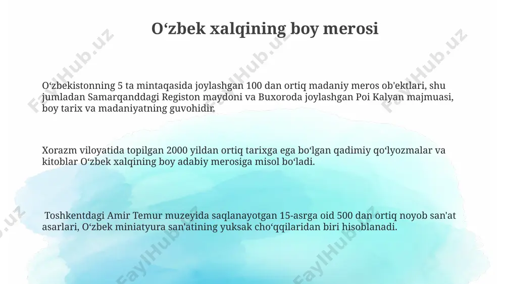 ati, ayniqsa, buxoro va xivadagi hunarmandlarning 16-19-asrlarga oid noyob kulolchilik buyumlari bilan mashhur boʻlib, ularning bezaklari geometrik naqshlar va oʻsimlik motiflariga boydir. qashqadaryo viloyatida yashovchi hunarmandlar tomonidan yaratilgan milliy oʻymakorlik sanʼati (20 dan ortiq turdagi daraxt turlaridan foydalanib) xalq anʼanalari va mifologiyasini aks ettiradi. oʻzbek milliy liboslari 19-asrda buxoro amirligi davrida oʻzbek milliy liboslariga xos boʻlgan “adras” matolari, ayniqsa, 2-3 metr uzunlikdagi “chapan”lar uchun keng qoʻllanilgan. toshkentda ishlab chiqarilgan “atlas” matolaridan tikilgan milliy liboslarning qiymati va sifati, 100 yildan ortiq vaqtdan buyon, butun markaziy osiyoda yuqori baholanadi. oʻzbek milliy liboslarining 50 dan ortiq turlari mavjud boʻlib, ularning har biri turli mintaqalar, masalan, xorazm, buxoro va toshkentdagi oʻziga xos naqshlar va tikuv uslublari bilan ajralib turadi. musiqa va raqs sanʼati oʻzbekistonning janubiy viloyatlarida, xususan, samarqand va buxoroda, anʼanaviy musiqa va raqs turlari, masalan, 15-20 nafar ijrochi ishtirok etadigan “lazgi” raqsi kabi, 500 yildan ortiq tarixga ega. andijon viloyati, oʻzining 100 dan …
