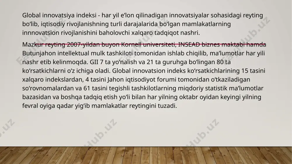 iston innovatsiyalar sohasida milliy iqtisodiy rivojlanish darajasiga solishtirganda baland ko‘rsatkichga erishgan mamlakatlar qatoridan joy oldi, ya’ni yaimga nisbatan innovatsiyalarning yuqori samaradorligi qayd etildi. indeksda mamlakatlar 4ta daromad guruhiga bo‘lingan: yuqori daromad, yuqori o‘rta daromad, quyi daromad va past daromad. o‘zbekiston o‘z guruhida (quyi o‘rta daromad) 37ta davlat ichida 10-o‘rinni egalladi. reytingning 2023-yilgi hisobotida o‘zbekiston “innovatsiyalarni joriy etish uchun mavjud resurslar va sharoitlar” (innovation input) subindeksida 72-o‘rinni, “innovatsiyalarni joriy etishda erishilgan amaliy natijalar” (innovation output) subindeksida o‘tgan yilga nisbatan 3 pog‘onaga o‘sib, 88-o‘rinni egalladi. shuningdek, malmakat reytingda “boshqaruv institutlar sifati” (+8), “infratuzilma” (+1), “bilim va texnologiya mahsullari” (+2), “ijodiy mahsulotlar” (+9) yo‘nalishlarida o‘z o‘rnini o‘tgan yilga nisbatan yaxshiladi. global innovatsiya indeksi reytingi jahon intellektual mulk tashkiloti (jeneva) tomonidan portulans instituti (aqsh), turli korporativ va akademik tarmoq hamda gii maslahat kengashi bilan hamkorlikda tayyorlanib, global tadqiqot va innovatsion rivojlanish bo‘yicha dunyo mamlakatlari faoliyatini baholaydigan tadqiqot hisoblanadi. reytingga o‘zbekiston birinchi marotaba 2015-yili kiritilib, …