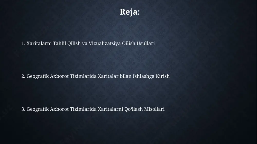 riga mos kelishi kerak. xaritalarni tuzishda miqyosning ahamiyati katta, chunki 1:100 000 miqyosli xaritaning tafsilot darajasi 1:50 000 miqyosli xaritadan farq qiladi. samarqand viloyati xaritasini tuzishda bu omil muhim ahamiyat kasb etadi. xaritalarni tahlil qilish usullari geostatistika usullaridan foydalanib, toshkent shahri atrofidagi 10 ta qishloq xo'jaligi maydonlarining hosildorligini tahlil qilishda, 5 ta turli o'zgaruvchini hisobga olib, aniq prognozlarni olish mumkin. masalan, qoraqalpog'iston respublikasining 3 ta tumanida joylashgan suv havzalari hajmini va sifati to'g'risidagi ma'lumotlarni tahlil qilish orqali, suv resurslarini boshqarish bo'yicha 2 ta muhim qaror qabul qilish mumkin. xaritalarni vizualizatsiya qilish qoraqalpog'iston respublikasining suv resurslarini xaritalashda, 100 dan ortiq suv omborlarining joylashuvi va hajmini aniq ko'rsatish uchun rangli shkalalardan foydalanish ma'lumotlarni yanada tushunarli qiladi. o'zbekistonning farg'ona vodiysidagi 3 ta viloyatning relyef xususiyatlarini 3d formatda ko'rsatish orqali, balandliklar farqi va topografik xususiyatlarni aniqroq aks ettirish mumkin. vektorli va rasterli ma'lumotlar vektorli ma’lumotlar yuqori aniqlikka ega boʻlib, 1000 ta ob’ektni individual ravishda …