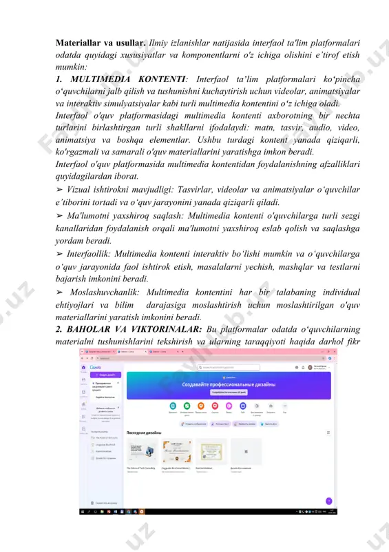 rga o'quvchilar taraqqiyotini baholashda yordam berishi mumkin. interfaol ta'limda baholash va viktorinalardan foydalanishning ba'zi usullari quyidagilar: ➢ baholash: viktorinalar o’tkazish natijasida o‘quvchilar bilimini sinab ko‘rish va materialni tushunishlarini baholash mumkin. baholash o'qituvchilarga o'quvchilarning zaif tomonlarini aniqlashga va o'quv materiallarini mos ravishda tuzatishga yordam beradi. ➢ motivatsiya: yaxshi baho olish yoki viktorinada g‘alaba qozonish imkoniyati talabalarni ko‘proq o‘qishga va yaxshi natijalarga erishishga undashi mumkin. ➢ fikr-mulohaza: baholash va viktorina natijalari o‘qituvchilar va o‘quvchilarga materialni qanchalik yaxshi o‘zlashtirganliklari va qaysi mavzularni yaxshilash mumkinligi haqida fikr bildirishi mumkin. ➢ interaktivlik: viktorinalar interaktiv bo'lishi mumkin va turli xil savollar va topshiriqlarni o'z ichiga oladi, bu esa o'rganishni yanada qiziqarli qiladi. interaktiv ta'limda viktorinalarni yaratish va boshqarish uchun ishlatilishi mumkin bo'lgan ko'plab dasturlar va platformalar mavjud. ulardan ba'zilari: ➢ kahoot!: kahoot! interaktiv viktorinalar va so'rovlar yaratish uchun mashhur platformadir. o'qituvchilar o'zlarining viktorinalarini yaratishlari yoki oldindan tayyorlangan shablonlardan foydalanishlari mumkin, talabalar esa o'z qurilmalari yordamida viktorinalarni …