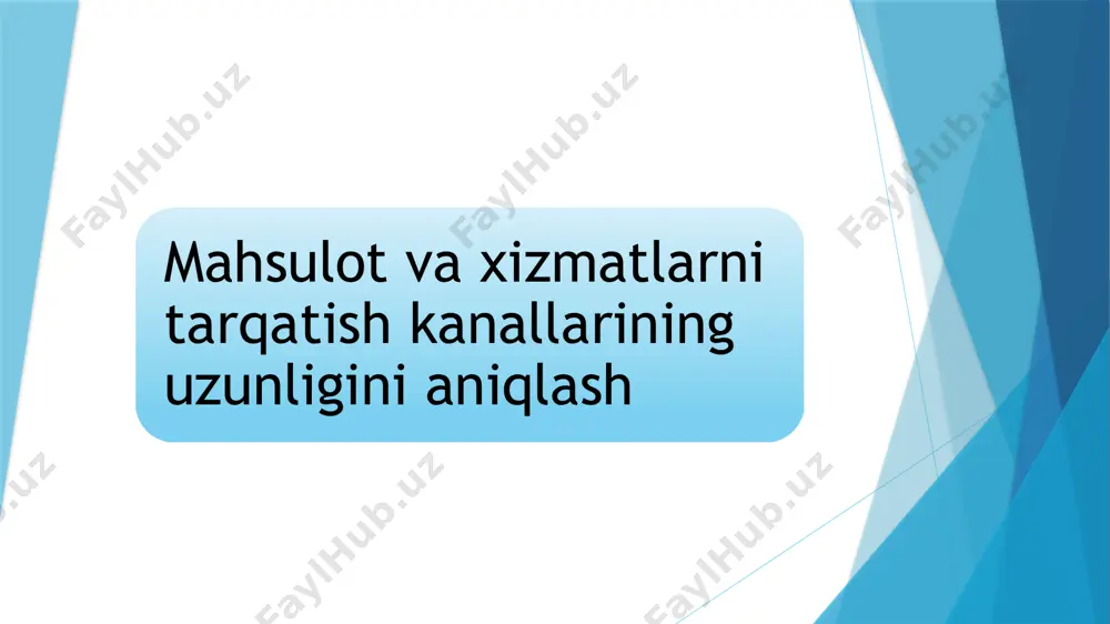 a sifat, tezkorlik va qulaylikni talab qilmoqda. shu sababli har bir korxona o‘z mahsulotini tarqatishda optimal kanal uzunligini tanlash orqali xarajatlarni kamaytirishi, mijozlar qoniqishini oshirishi va bozorda barqaror o‘rin egallashi mumkin. mahsulot va xizmatlarni tarqatish tizimining mohiyati mahsulot va xizmatlarni tarqatish tizimi – bu ishlab chiqaruvchidan to yakuniy iste’molchigacha bo‘lgan jarayonni tashkil etuvchi vositalar, usullar va vositachilar majmuasidir. tarqatish tizimi marketing kompleksining muhim elementi bo‘lib, uning asosiy vazifasi mahsulotni ishlab chiqarish joyidan iste’molchi qo‘liga yetkazib berishdir. tarqatish tizimi quyidagi asosiy vazifalarni bajaradi: logistika va harakatni ta’minlash – mahsulotni ishlab chiqaruvchi korxona omboridan iste’molchigacha yetkazib berish. tovar oqimini boshqarish – mahsulotni saqlash, tashish va yetkazib berish jarayonlarini muvofiqlashtirish. axborot almashinuvi – ishlab chiqaruvchi va iste’molchi o‘rtasida talab, narx, sifat haqida ma’lumot yetkazish. moliyaviy vositachilik – mahsulotning narxini to‘lash, kreditlash yoki boshqa moliyaviy xizmatlarni tashkil qilish. risklarni kamaytirish – mahsulot yetkazib berishdagi turli noaniqliklarni (talab pasayishi, transport muammolari, saqlashdagi yo‘qotishlar) nazorat qilish. …