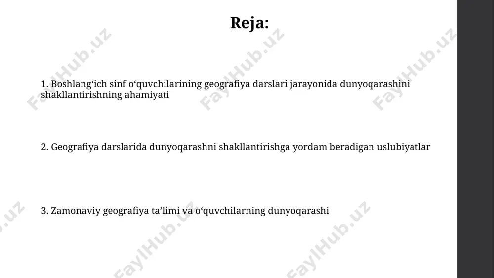 orqali 7-10 yoshli bolalarda makro va mikro-geografik muhit, masalan, toshkent shahri va oʻzbekistonning tabiiy zonalari haqidagi dastlabki tushunchalarni shakllantirish muhimdir. geografik dunyoqarashni shakllantirish 3-4-sinflarda atrof-muhitni muhofaza qilishga oid 20 dan ortiq amaliy koʻnikmalarni oʻrgatish orqali ekologik madaniyatni rivojlantirishga yordam beradi. boshlangʻich taʼlimda geografik madaniyatni shakllantirish boshlangʻich sinflarda geografik xarita oʻqitish orqali 5-7 yoshli bolalarda 20 ta davlatning joylashuvini va ularning poytaxtlarini bilish koʻnikmasini shakllantirish mumkin. oʻzbekistonning tabiiy boyliklari (paxta, gaz, oltin) haqidagi maʼlumotlarni 1-sinf oʻquvchilariga 5 ta interaktiv oʻyin orqali tushuntirish geografik bilimlarni mustahkamlaydi. e'tiboringiz uchun rahmat @taqdimot_robot image1.jpg image2.jpg image3.jpg image4.jpg image5.jpg
