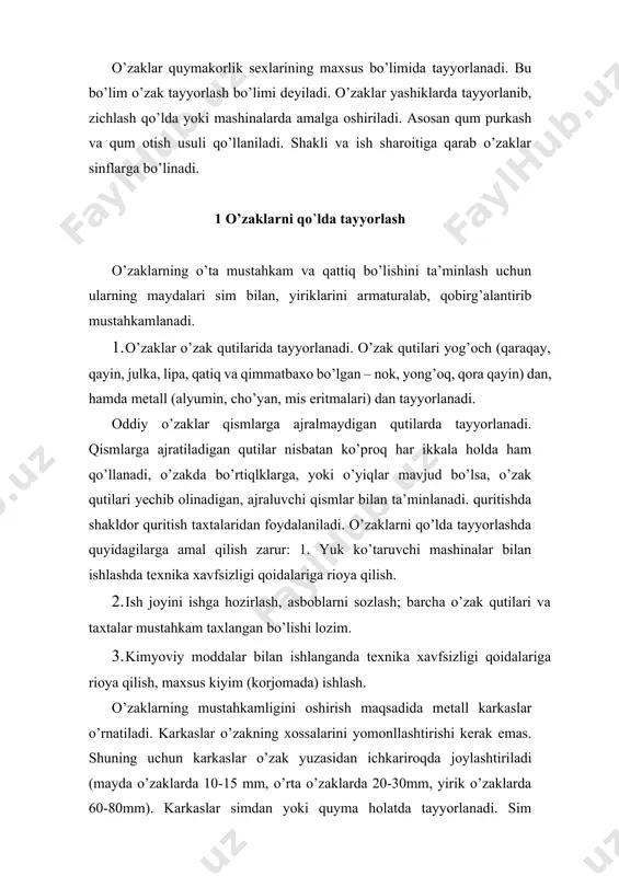 ar esa yirik o’zaklar uchun (3-4sinf). o’zaklar tayyorlanadigan keyin quritiladi (kimyoviy qotadigan o’zaklar bundan mustasno). shu maqsadda o’zaklar quritish plitalarga o’rnatilib, quritgichga uzatiladi. o’zaklar shablon yordamida o’lcham aniqligiga va yuza sifatiga nisbatan teshiriladi. o’zaklardagi yoriqlar yoki choklar o’zak aralashmasi yordamida bartaraf etiladi. o’zaklar o’zak yashiklarida va shablonlar yordamida tayyorlab olinadi. o’zak yashiklari qo’lda va mashinada tayyorlanadigan turlariga bo’linadi yagona, kam seriyali, ko’p seriyali va ommabop ishlab chiqarishda yog’ochdan va metalldan yasalgan o’zak yashiklari ishlatilinadi. ularni konstruksiyasi o’zakni shakli, ishlab chiqarishni tasnifi va boshqalarga bog’liqdir. o’zaklarni silkitish, qumpuflash, qumotar, qum-irg’itish mashinalarda tayyorlab olinadi. o’zaklar puxtaligini oshirish uchun ularning ichiga karkas, similar va armaturalar qo’yiladi. karkas konstruksiyasi ularni quymani ichidan oson chiqarib olishga imkoniyat berishi kerak. o’zaklar ko’pincha quritish plitasiga joylashtiriladi. o’zaklarni ko’pincha eng qulay bo’lgan qumpuflash va qumotar mashinalarda tayyorlab olinadi. 1. o’zak qutisini tayyorlash (38-rasm). 2. o’zak qutisini aralashma bilan to’latish, zichlantirish. 3. o’zaklarning gaz o’tkazuvchanligini ta’minlash. 4. o’zakni qutisidan …
