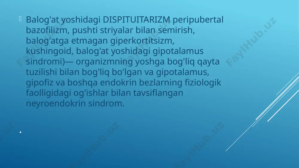 o'ziga xos xususiyatlari bilan ajralib turadi: semirishning "pastki" turi, ikkilamchi jinsiy xususiyatlarning yaxshi rivojlanishi, yigitlarda-semirish,, "ayol", tos suyagi, normal yoki hatto tezlashtirilgan jinsiy rivojlanish bilan evnuxoid fizika; ba'zi yigitlarda-jinsiy organlarning rivojlanmaganligi, sochlarning yetishmasligi, bo'yi. klinik ko’rinishi qizlarda jinsiy rivojlanish normal yoki erta (12 yoshgacha) menarx bilan tezlashadi. biroq, bir necha yil davomida muntazam hayz ko'rish amenoreyaga qadar tsiklik xususiyatini yo'qotishi mumkin. qalqonsimon bezning funktsiyasi normal, kamroq-kamayadi, ba'zi bemorlarda tirotoksikoz belgilari aniqlanadi. rentgenologik tekshiruvda intrakranial gipertenziya belgilari, dura materda kalsifikatsiya joylari aniqlanadi. eegdagi o'zgarishlar o'rta miyaning o'ziga xos bo'lmagan tuzilmalari va diensefalik tuzilmalarning disfunktsiyasini ko'rsatadi. laboratoriya tadqiqotlari jinsiy rivojlanishning dastlabki bosqichlarida somatotropik gormonning ko'payishini, aldosteron (ikkilamchi aldosteron) chiqarilishini va ijobiy suv muvozanatini oshirish tendentsiyasini aniqlaydi; hirsutizm bilan og'rigan qizlarda ortiqcha androgenlar, jinekomastiya bilan og'rigan o'g'il bolalarda esa estrogenlar mavjud. ko'pgina bemorlarda uglevod almashinuvining ba'zi buzilishlari mavjud. tashxis buyrak usti korteksining funktsiyasini baholash va itenko-kushing kasalligi bilan differentsial tashxis qo'yish (qarang itenko-kushing …