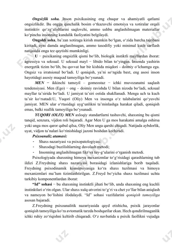haxs nazariyasini psixoanaliz davolash metodi bilan bog‘ladi. freyd topografik modeldan foydalanib, psixik hayotni uch darajasini ajratdi: · ong; · ongoldi; · ongsizlik. ong darajasi aniq damdagi insonning ma’lumotlarini sezgi va kechinmalaridan tashkil topadi. ong miyada saqlanuvchi ma’lum kam foizli axborotlarni qamrab oladi. so‘ngra ma’lumotlar ong oldi yoki ongsizlik sohada yuklanadi. ongsizlik soha. inson psixikasining eng chuqur va ahamiyatli qatlami ongsizlikdir. bu ongga qanchalik bosim o‘tkazuvchi emotsiya va xotiralar orqali instinktiv qo‘zg‘alishlarini saqlovchi, ammo ushbu anglashilmagan materiallar ko‘pincha insonning kundalik faoliyatini belgilaydi. ongoldi soha, ba’zan xotiraga kirish mumkin bo‘lgan, o‘zida barcha tajribani kiritadi, ayni damda anglanilmagan, ammo tasodifiy yoki minimal kuch sarflash natijasida onga tez qaytishi mumkinligi. u − psixikaning ongsizlik qismi bo‘lib, biologik instiktli mayllardan iborat: agressiya va seksual. u seksual mayl − libido bilan to‘yingan. insonda yashirin energetik tizim bo‘lib, bu quvvat har bir kishida miqdori - doimiy o‘lchamga ega. ongsiz va irratsional bo‘ladi. u qoniqish, ya’ni so‘ngida baxt, …