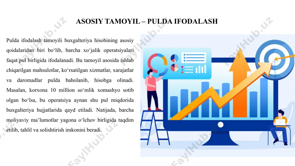 rivojlanishiga xizmat qiladi. xalqaro standartlarga mos keluvchi tamoyillarni qo‘llash orqali korxonalar global bozor sharoitida raqobatbardosh bo‘lish imkoniga ega bo‘ladi. bugungi kunda raqamli texnologiyalar va axborot tizimlari keng joriy qilinayotgan bir paytda, buxgalteriya hisobi tamoyillarini zamon talablariga moslashtirish zarurati yuzaga kelmoqda. avtomatlashtirilgan hisobot tizimlari, bulutli texnologiyalar va sun’iy intellekt vositalari buxgalteriya hisobining aniqligini va tezkorligini oshirishga xizmat qiladi. moliyaviy hisob-kitoblarning sifatini yaxshilash va real vaqt rejimida moliyaviy holatni kuzatib borish uchun tamoyillarni yangi texnologiyalar bilan integratsiya qilish muhimdir.shuningdek, buxgalteriya hisobi sohasida professional kadrlarning malakasini oshirish, yangi standartlar va metodologiyalarni o‘zlashtirish doimiy ravishda amalga oshirilishi lozim. bu esa o‘z navbatida, iqtisodiyotning barcha sohalarida moliyaviy intizom va shaffoflikni ta’minlashga xizmat qiladi. xulosa qilib aytganda, buxgalteriya hisobi tamoyillari moliyaviy boshqaruvning poydevori bo‘lib, ular zamonaviy sharoitlarda takomillashtirilishi va raqamli texnologiyalar bilan uyg‘unlashtirilishi lozim. bu jarayonlar mamlakat iqtisodiyotining barqaror o‘sishi va xalqaro miqyosda raqobatbardoshligini ta’minlashda muhim rol o‘ynaydi. xulosa e’tiboringiz uchun rahmat! image1.png image2.png image3.png image4.png …