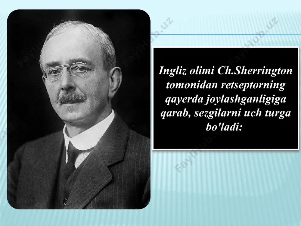 ir necha tondan tashkil topadi. ta'm bilish sezgilari shirin, achchiq, nordon, sho'r singari mazalarni his qilish bilan tavsiflanadi. ta'm bilish sezgilarining organi tilning yuzasi va tanglayning yumshoq qismidan tashkil topgan. tilning shilliq pardasida maxsus ta'm bilish so'rg`ichlari mavjud bo'lib, ularning tarkibi tayoqchasimon hujayralardan tuzilgan maxsus ta'm bilish “kurtaklari”ga ega. ta'm bilish so'rg`ichlari til yuzasida bir tekis taqsimlanmaganligi uchun uning orqa qismi achchiqni, uchi shirin mazani, chetlari esa nordon mazani sezadi. teri sezgilari tarkibi tuyish va harorat turlaridan iborat bo'lib, ularning bunday nomlanishining bosh omili bu retseptorlarning tarkibi va organizmning tashqi shilliq pardalarida joylashganligidadir. tuyish sezgilari ikki xil axborotni qabul qilish imkoniyatiga ega: birinchisi tegish va tarqalishini tuyish sezgilari; ikkinchisi esa silliq yoki g`adir – budurni tuyish bilan tavsiflanadi.. psixologiyada tuyish tanachalari va sezuvchi nervning chekka tarmoqlari zichligi ekstiziometr asbobi yordami bilan o'lchanadi. asbob teriladigan ikki oyoqli sirkuldan tashkil topgan, bo'lib, uning o'zagidagi darajalar oyoqlarning uchlari o'rtasidagi masofani o'lchaydi. tuyish sezgilarining …