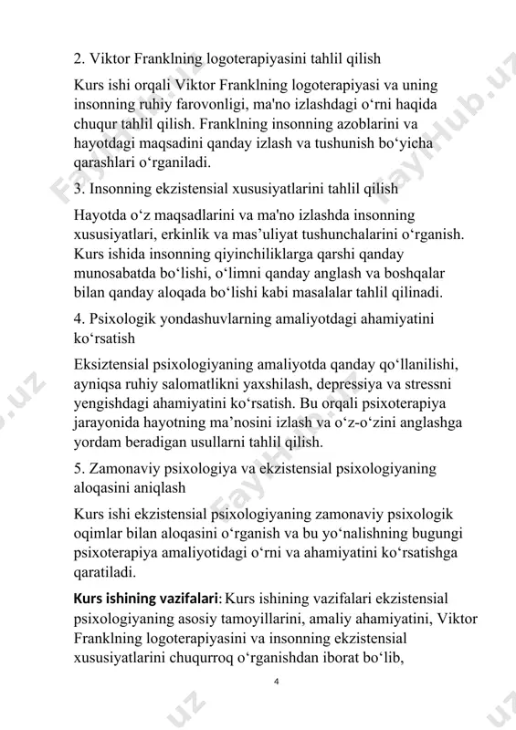 dagi maqsad va ma'no izlanishi, ekzistensial psixologiyaning psixoterapiyada qo‘llanilishi va uning jamiyatdagi zamonaviy ahamiyatini tahlil qilishdir. kurs ishining predmeti: eksiztensial psixologiya nuqtai nazaridan insonning xususiyatlari, hayot ma'nosi, erkinlik, mas’uliyat va o‘zini anglash jarayonlarini o‘rganish. bu predmet quyidagi jihatlarni o‘z ichiga oladi:hayotning ma'nosi va ekzistensial izlanishlar: insonning hayotdagi maqsad va ma'no izlash jarayoni, ayniqsa qiyinchiliklar va azoblar davrida.erkinlik va mas'uliyat: insonning o‘z tanlovlari va qarorlari uchun mas’uliyatini qanday qabul qilishi, uning erkinlik va mas’uliyat o‘rtasidagi munosabatlari.o‘lim va cheklanganlik: o‘limning ekzistensial psixologiyada qanday tushunilishi va bu tushuncha insonning hayotga qanday munosabatda bo‘lishiga ta’siri.insonning ekzistensial xususiyatlari: boshqalar bilan aloqalar, ichki izlanishlar, o‘z-o‘zini anglash va o‘zgarish, shaxsiy rivojlanish va o‘z-o‘zini yaratish jarayonlari.viktor franklning logoterapiyasi: franklning logoterapiyasi orqali insonning ma'no izlashdagi roli, uning psixoterapiya amaliyotidagi o‘rni va afzalliklari.predmet, asosan, ekzistensial psixologiyaning inson hayotini va uning ruhiy holatini yaxshilashdagi amaliy qo‘llanilishini o‘rganishga qaratilgan. bu, shuningdek, franklning nazariyasi asosida ruhiy salomatlikni qo‘llab-quvvatlash va insonning o‘zini anglash jarayonlarini …