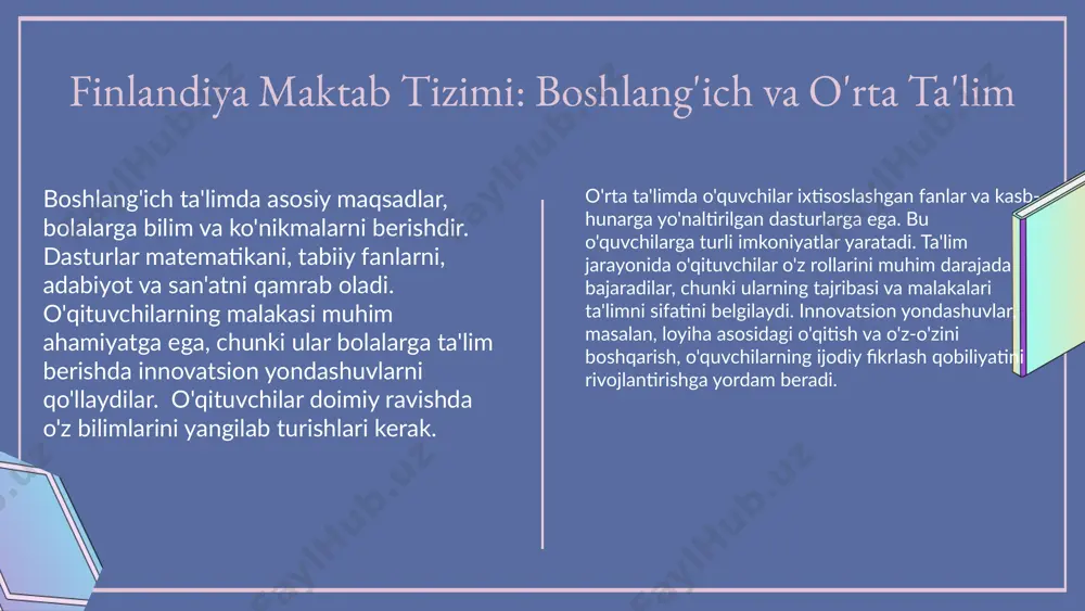 02 04 finlandiyada kasb-hunar ta'limining asoslari kasb-hunar ta'limi - bu o'quvchilarga ma'lum bir kasbni o'rganish, amaliy ko'nikmalarni rivojlantirish va professional darajada tayyorgarlik ko'rish imkonini beruvchi ta'lim tizimi. uning maqsadi, talabalarni ish bozoriga muvaffaqiyatli kirishlari uchun zarur bo'lgan bilimlar va ko'nikmalar bilan ta'minlashdir. finlandiyada kasb-hunar ta'limining o'ziga xosligi amaliyotga asoslangan yondashuv va individual ta'lim rejalari bilan bog'liq bo'lib, bu o'quvchilarning qobiliyatlarini rivojlantirishda muhim ahamiyatga ega. kasb-hunar ta'limining strukturasini ushbu darajalarda tahlil qilish mumkin: - boshlang'ich kasb-hunar ta'limi: asosiy ko'nikmalarni o'rgatish. - o'rta kasb-hunar ta'limi: ixtisoslashgan bilimlar va ko'nikmalar. - yuqori kasb-hunar ta'limi: mutaxassislik darajasida tayyorgarlik. ta'lim dasturlari amaliy mashg'ulotlar, stajirovkalar va innovatsion metodologiyalarni o'z ichiga oladi, bu esa o'quvchilarni real ish sharoitlariga tayyorlaydi. finlandiyada kasb-hunar ta'limining afzalliklari yuqori sifatli ta'lim tizimi: finlandiyada o'qituvchilarning malakasi va tajribasi ta'lim jarayonining asosiy omillaridan biridir. o'qituvchilar doimiy ravishda o'z bilimlarini oshirish uchun trening va seminarlar o'tkazadilar, bu esa sifatli ta'limni ta'minlaydi. ta'lim muassasalaridagi resurslar ham …