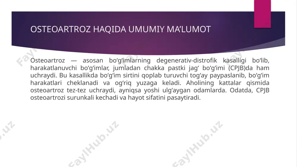 kamaytiruvchi preparatlar (nsaidlar), mushak relaksantlari, ba’zan estrogen yoki kortikosteroidlar qo‘llaniladi. ba’zi hollarda antigipertenziv terapiya va vitamin-mineral komplekslar ham buyuriladi. mahalliy yallig‘lanishga qarshi dori vositalari va bo‘g‘im ichiga in'ektsiyalar yordamida to‘qimalarda yallig‘lanish va og‘riq kamayadi. fizioterapiya va reabilitatsiya usullari fizio va reabilitatsiya muolajalari ogʻriqni kamaytirish, qonni yaxshi aylantirish va harakatlarni tiklashga yordam beradi. uhf, lazer terapiya, elektroforez kabi usullar keng qoʻllaniladi. jismoniy mashqlar, massaj va chaynov mushaklarini mustahkamlovchi mashg‘ulotlar faraqlidir. bemorni kasallikga mos hayot tarziga oʻrgatish va stressni nazorat qilish muhim. stomatologik va ortopedik aralashuvlar notoʻgʻri tishlash yoki tish yetishmovchiligi sabab boʻlishi mumkinligi uchun, stomatologik aralashuvlar (plomb yoki protezlar) muhim ahamiyatga ega. ortodontik moslamalar va shinlar yordamida jagʻ holatini tuzatish yuzaga keladi. ba’zi hollarda, protezlash yoki implantatsiya bo‘g‘imdagi yuklamani kamaytiradi va funksiyani tiklaydi. jarrohlik davolash usullari konservativ terapiya samara bermasligi yoki kasallik kuchli kechgan hollarda jarrohlik aralashuv koʻrib chiqiladi. artroskopik debridement, disk reposition yoki artroplastika usullari muhim. operatsiyadan keyin reabilitatsiya choralari …