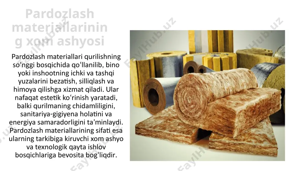 anadi va sanoat hamda xususiy binolarda keng qo‘llaniladi. celluloza materiali qayta ishlangan qog‘oz va o‘simlik mahsulotlaridan tayyorlanadi. u ekologik jihatdan toza va inson uchun xavfsizdir. issiqlik va tovushni yaxshi izolyatsiya qiladi, odatda purkalgan shaklda devor va tomlar orasiga qo‘llaniladi. shisha tolalar ham issiqlik va tovush izolyatsiyasi uchun keng tarqalgan material bo‘lib, ular shisha chiqindilarini eritib, maxsus texnologiya asosida olinadi. bu material yengil, olovga chidamli va uzoq muddat xizmat qiladi. ko‘pincha sanoat binolari va xonadonlarda ishlatiladi. xulosa pardozlash va issiqlik izolyatsiya materiallarining xom ashyosi qurilish sanoatida muhim ahamiyat kasb etadi. ushbu materiallar nafaqat binolarning tashqi ko‘rinishini estetik jihatdan boyitadi, balki ularning energiya samaradorligini oshiradi, ichki muhitni qulaylashtiradi va issiqlik yo‘qotilishini kamaytiradi. xom ashyo sifatida ishlatiladigan tabiiy (bazalt, shifer, tosh, celluloza) va sun’iy (polistirol, poliuretan, shisha tolalar) materiallar har xil fizik va texnologik xususiyatlarga ega bo‘lib, ularni to‘g‘ri tanlash va qo‘llash binoning uzoq muddatli xizmat qilishida muhim rol o‘ynaydi. bugungi kunda ekologik …