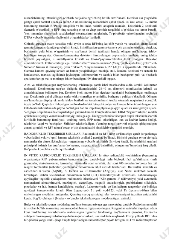 olatda chiqariladi. solishtirma faolligi 9-74 mbk/ml. eritmada bo‘yoqning faolligi 99%. hozir kam ishlatiladi. yodalbumin- sh1, ,251 - odam qon zardobidagi albuminning yod izotoplari bilan belgilangan rfp. horijiy davlatlarda risa nomi bilan ma`lum. bir oz sariqroq yoki rangsiz, tiniq, izotonik natriy xlorid eritmasidagi, tarkibida 1-2 mg/ml albumini bor preparat. uning hajmiy faolligi 0,1-37 mbk/ml. organizmga vena orqali yuboriladi. 20-50 mkm miqtsorda makroagregatlar holida chiqariladi. kritik a`zolarga o‘pka, jigar va qalqonsimon bez kiradi. 5. o l t i n (198ai) - oltinning nishonlangan kolloid eritmasi. olcha rangli qizil. yarim parchalanish davri'2,7 kun. parchalanganda quvvati 0,34 mev beta nurlarni va quvvati 0,42 mev gamma nurlarni chiqaradi. solishtirma faolligi 0,13 dan 0,94 mbk/ml gacha. preparatning yaroqlilik muddati 7 sutka, penitsillin shishachalarida steril holda chiqariladi. tekshirishda rfp venaga yuboriladi, u asosan jigarning retikuloendotelial hujayralarida to‘planadi. nurlanish mikdrri yuqoriligi uchun qo‘llanishi chegaralangan. simob-197 (197hg) - tiniq suyuqlik, yarim parchalanish davri 64 soat, parchalanganda quvvati taxminan 200 …
