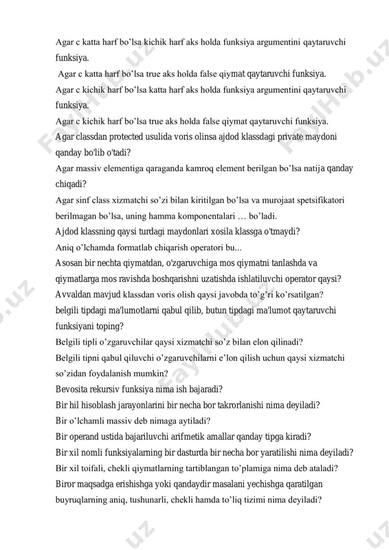 bir nechta qiymatdan, o'zgaruvchiga mos qiymatni tanlashda va qiymatlarga mos ravishda boshqarishni uzatishda ishlatiluvchi operator qaysi? avvaldan mavjud klassdan voris olish qaysi javobda to’g’ri ko’rsatilgan? belgili tipdagi ma'lumotlarni qabul qilib, butun tipdagi ma'lumot qaytaruvchi funksiyani toping? belgili tipli o’zgaruvchilar qaysi xizmatchi so’z bilan elon qilinadi? belgili tipni qabul qiluvchi o’zgaruvchilarni e’lon qilish uchun qaysi xizmatchi so’zidan foydalanish mumkin? bevosita rekursiv funksiya nima ish bajaradi? bir hil hisoblash jarayonlarini bir necha bor takrorlanishi nima deyiladi? bir o’lchamli massiv deb nimaga aytiladi? bir operand ustida bajariluvchi arifmetik amallar qanday tipga kiradi? bir xil nomli funksiyalarning bir dasturda bir necha bor yaratilishi nima deyiladi? bir xil toifali, chekli qiymatlarning tartiblangan to’plamiga nima deb ataladi? biror maqsadga erishishga yoki qandaydir masalani yechishga qaratilgan buyruqlarning aniq, tushunarli, chekli hamda to’liq tizimi nima deyiladi? bo’lishdagi (butun) qoldiqni aniqlash operatori (%) qaysi arifmetik amalga kiradi? bog'langan funksiyalar yoki sinflar oilasini tuzishda nimadan foydalaniladi? boshqarishni biron bir tarmoqqa …