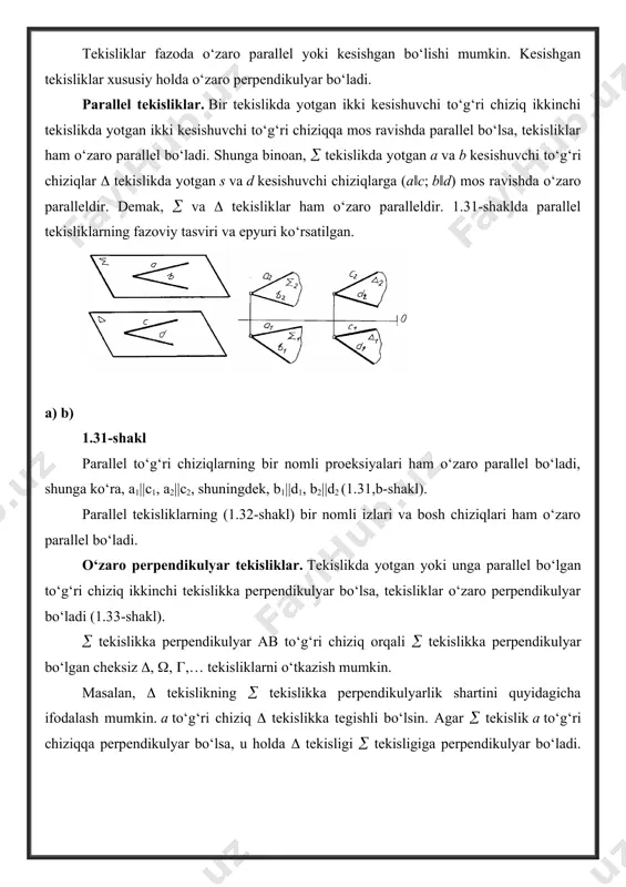 ndikulyar bo‘ladi. a) b) 1.32-shakl 1.33-shakl 1.34-shakl misol: a nuqta orqali berilgan (п1,п2) tekislikka perpendikulyar bo‘lgan (п1, п2) tekislik o‘tkazilsin (1.34-shakl). yechish: 1) a nuqtadan (п1,п2) tekislikka perpendikulyar qilib a to‘g‘ri chiziqni o‘tkaziladi, ya’ni a1п1, a2п2. 2) a to‘g‘ri chiziqning gorizontal va frontal izlarini aniqlanadi. 3) perpendikulyarning gorizontal n1 izidan tekislikning gorizontal izini, perpendikulyarning frontal m2 izidan esa tekislikning frontal п2 izini o‘tkaziladi. shuni esdan chiqarmaslik kerakki, tekisliklarning bir nomli izlari bir-biriga perpendikulyar bo‘lishi shart emas. proeksiyalovchi tekislik bilan umumiy vaziyatdagi tekislikning kesishishi. bu hol ikki tekislik kesishuvining xususiy holi hisoblanadi. ularning kesishuv chizig‘ini topish ancha sodda bo‘ladi, chunki kesishuv chizig‘ining bitta proeksiyasi xususiy vaziyatdagi tekislikning izlari bilan ustma-ust tushgan bo‘ladi. 1.35,a-shaklda abc uchburchak tekisligi bilan frontal proeksiyalovchi tekisligini mn(m1n1, m2n2) kesishuv chizig‘ini topish ko‘rsatilgan, bu holatda mn kesishuv chizig‘ining m2n2 frontal proeksiyasi tekisligining п2 frontal izida yotadi. 1.35,b-shaklda berilgan ikki kesishuvchi abc va def uchburchak tekisliklaridan biri def gorizontal …