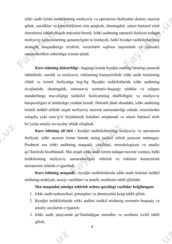 oimiy nazorat qilish, kamchiliklar va xatoliklarni aniqlash hamda ularni bartaraf etish bo‘yicha tavsiyalar ishlab chiqishdan iborat. shu nuqtai nazardan, ichki audit nafaqat nazorat vositasi, balki rahbariyat uchun qaror qabul qilishda ishonchli ma’lumot manbai sifatida ham xizmat qiladi. ichki auditning mohiyati shundaki, u tashkilot faoliyatining barcha jabhalarini tizimli tarzda tahlil qiladi va ichki nazoratning samaradorligini oshirishga xizmat qiladi. ichki audit orqali moliyaviy xatoliklar, byudjet mablag‘larining noto‘g‘ri ishlatilishi yoki resurslarning samarasiz taqsimlanishi erta aniqlanadi. masalan, byudjet tashkilotida xodimlar tomonidan xarajatlarni hisobga olishda kamchiliklar aniqlanganda, ichki auditorlar bu holatni aniqlab, tegishli tavsiyalar beradi va kelgusida bunday xatoliklarning oldini olish choralarini ishlab chiqadi[footnoteref:1]. [1: abdullayev, s. buxgalteriya hisobi va audit. – toshkent: iqtisodiyot, 2019. – 356 b.] ichki auditning mohiyatini to‘liq tushunish uchun uning asosiy funksiyalarini ko‘rib chiqish lozim. birinchidan, ichki audit moliyaviy nazoratni ta’minlaydi. bu degani, barcha moliyaviy operatsiyalar qonunchilik va ichki tartib-qoidalarga mos ravishda amalga oshirilganligini tekshiradi. masalan, bir davlat tashkilotida xarajatlar …