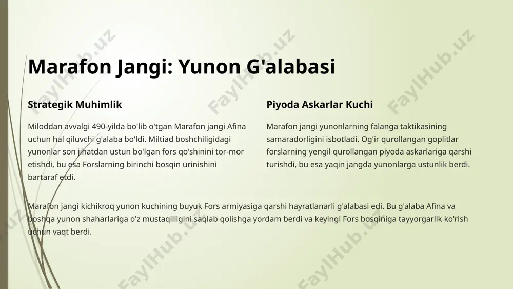 arshi keyingi harakatlarga asos bo'ldi. kalliya tinchligi bilan urushlar rasman yakunlanib, egey dunyosida yangi geosiyosiy muvozanat o'rnatildi. 6 urushlarning oqibatlari afina ziravoni g'alaba afinaning dengiz kuchini va siyosiy ta'sirini oshirdi, bu esa uning "oltin asriga" yo'l ochdi. madaniy rivojlanish urushlar yunon o'ziga xosligini mustahkamladi va san'at, falsafa hamda adabiyotda ulkan rivojlanishga olib keldi. harbiy innovatsiyalar urushlar davomida falanga taktikasi va triremalar kabi dengiz kemalari yanada takomillashdi. yunon-fors urushlari nafaqat harbiy natijalar, balki uzoq muddatli madaniy va siyosiy oqibatlarga ham ega edi. afina kuchining yuksalishi va yunon madaniyatining rivojlanishi bu urushlarning eng muhim natijalaridan biri bo'ldi. 7 darslar va meros davlatlarning birligi g'arb tsivilizatsiyasining asoslari qahramonlik va iroda yunon-fors urushlari bugungi kungacha global tarixiy ahamiyatga ega. bu urushlar nafaqat harbiy strategiyalar, balki xalqlar irodasi va madaniy qadriyatlarning ahamiyatini ko'rsatdi. ularning merosi g'arb va sharq o'rtasidagi munosabatlarga oid zamonaviy tushunchalarni shakllantirishda davom etmoqda. 8 image1.png image2.png image3.png image4.png image5.png image6.png image7.png image8.png …