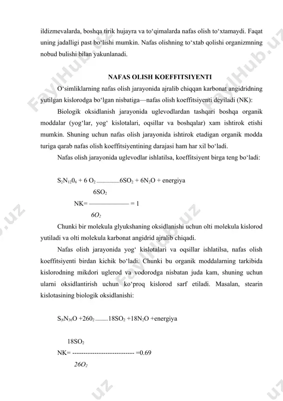 koeffitsiyenti 4 ga teng: 2s2n204 + o2------------------------- 4so2 + 2 n2o +energiya 4so2 nk= -------------- =4 o2 nafas olish koeffitsiyenti darajasining nafas olish mahsulotiga bog‘liqligi faqat kislorod miqdori yetarli sharoitda sodir bо‘ladi. lekin oksidlanish kislorodsiz (anaerob) muhitda borganda nafas olish koeffitsiyentining darajasi о‘zgarishi mumkin. masalan, urug‘lar kislorod kam yoki anaerob sharoitda nafas olganda (suvga botirilib saklansa) havodan o2 yutilmaydi, lekin so3 ajralib chi-qadi. bunda nafas olish koeffitsiyenti birdan yuqori bо‘ladi. nafas olish ximizmi nafas olishning shakliy tenglamasi bu murakkab fiziologik jarayonni tо‘la tavsiflay olmaydi. chunki bunda juda kup oraliq reaksiyalar sodir bо‘ladi. natijada kimyoviy energiya oz-ozdan ajralib chiqadi va о‘zlashtiriladi, о‘zlashtirilmay qolgani esa issiklik energiyasiga aylanadi va tarqaladi. nafas olishda organik moddalarning kislorod yordamida anorganik moddalarga parchalanishi mazkur jarayonning о‘ziga xos xususiyatlari borligini kо‘rsatadi. chunki organizmdan tashqarida bu organik moddalar molekulyar kislorod bilan reaksiyaga kirishmaydi. nafas olish jarayonining ana shu о‘ziga xos xususiyatlarini aniqlab, nafas olish ximizmining hozirga zamon tushunchasiga …