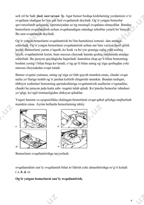 vqat parhezini tayinlaydi. bo‘lim hamshirasi ovqatga talabnoma tuzadi. bemorlar ovqatini bemorlarning soni va parhez ovqatning turidan kelib chiqqan holda shifokor parhezchi nazorat qiladi va o‘z o‘rnida sifatiga va turiga javob beradi. ovqat mahsuloti sifati, tayyorlanishi hamda bo‘limga yetkazib berilishi shifoxonaning parhez hamshirasi tomonidan nazorat qilinadi. ovqat shu bo‘limning oshxona xodimi tomonidan tarqatiladi. ovqatlantirish bemorlarning holatiga qarab uch xil bo‘ladi: faol, sust va sun ’iy. agar bemor boshqa kishilarning yordamisiz o‘zi ovqatlana oladigan bo‘lsa, uni faol ovqatlanish deyiladi. og‘ir yotgan bemorlar quvvatsizlanib qolganda, operatsiyadan so‘ng mustaqil ovqatlana olmaydilar. bunday bemorlarni ovqatlantirish uchun ovqatlanadigan odatdagi asboblar yetarli bo‘lmaydi. bu sust ovqatlanish deyiladi. og‘ir yotgan bemorlarni ovqatlantirish bo‘lim hamshirasi tomoni- dan amalga oshiriladi. og‘ir yotgan bemorlarni ovqatlantirish uchun ma’lum vaziyat hosil qilish lozim. bemorlarni yarim o‘tqazib, ko‘krak va bo‘yin qismiga oqliq yoki sochiq yozib, ovqatlantirish lozim, buni maxsus choynak hamda qoshiq yordamida amalga oshiriladi. bu jarayon quyidagicha bajariladi: hamshira chap qo‘li bilan bemorning …