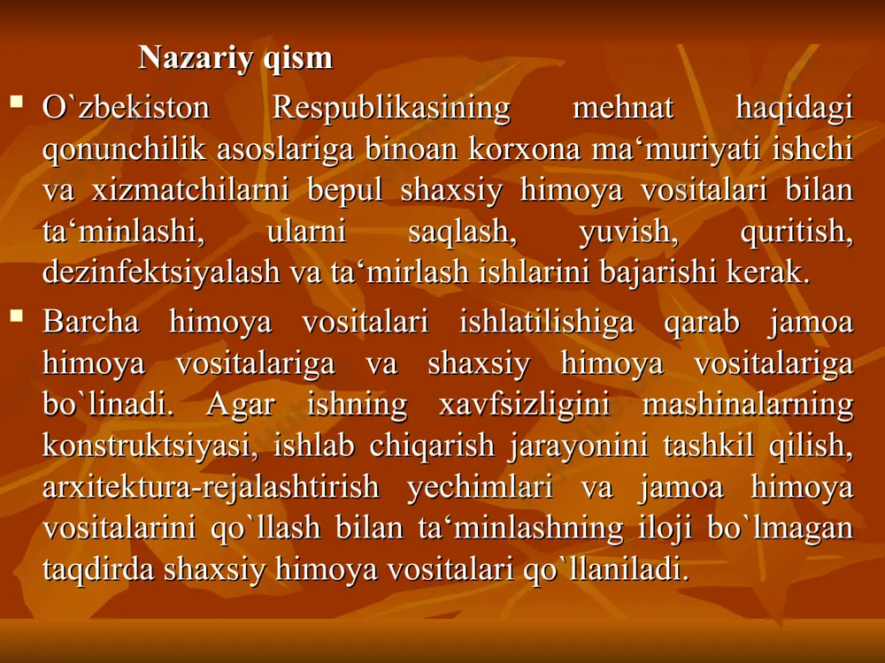 bo`lganda va zararli moddalar miqdori kam bo`lganda qo`llaniladi. ixotalovchi himoya vositalari esa zararli moddalar sex havosida chegaralanmagan va kislorod miqdori yetarli miqdorda bo`lmagan hollarda ishlatiladi. o`z navbatida, filtrlovchi himoya vositalari o`z vazifasiga ko`ra, aerozollardan himoya qiluvchi va universal turlarga bo`linadi. ixotolovchi himoya vositalari esa konstruktsiyasi bo`yicha – ichakli, nafas olish uchun havoni toza zonadan olib beruvchi va avtonom – nafas olish uchun shaxsiy manbai bo`lgan turlarga bo`linadi. respiratorlar yarim yuzniqoblar va filtrdan tuzilgan. ular bir necha markalarda ishlab chiqariladi. og`ir ishni bajarishda va chang miqdori ko`p bo`lganda changga qarshi f-62sh respiratoridan, og`ir va o`rtacha og`irlikdagi ishlarda hamda chang miqdori ko`p bo`lganda u-2k respiratoridan, chang miqdori ko`p bo`lganda «lepestok» respiratoridan foydalaniladi. universal ru-60m respiratori nafas olish a‘zolarini zararli moddalar – gaz, bug` va changdan himoyalash uchun ishlatiladi. ixotalovchi gazniqoblar nafas olish a‘zolarini atrof-muhitdan butunlay ajratib qo`yadi. bunday vositalarga ichakli gaz niqoblar, kislorodli va havoli nafas olish apparatlari kiradi. ichakli gaz niqoblar …