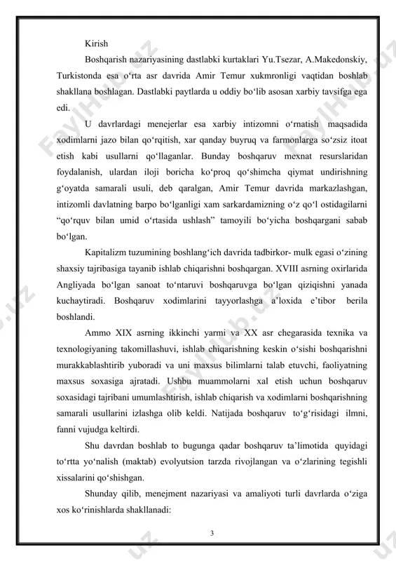 91) turgan edi. uning nazariyasi keyinchalik “teylorizm” degan nom olgan. u yaratgan tizim esa ishchilarning “siqib suvini olish”ning ilmiy tizimi deb atalgan. f.teylor ta’limotining asosiy mazmuni - yollanma ishchilar mexnatining unumdorligini oshirishda gʻoyatda samarador va maqbul usullarni izlashdir. uning tamoyillariga binoan: f.teylorning mexnatni tashkil etish va uni boshqarish borasida taklif etgan va ishlab chiqarishga tadbiq etgan bu tamoyillari mexnat unumdorligining ikki baravar (100%ga) oʻsishiga olib keladi. ayniqsa, uning qoʻllagan xaronometraj usuli diqqatga sazovordir. 1 f.teylor tamoyiliga binoan raxbar va mutaxassislarni kam malaka talab qiladigan ijrochilik mexnatidan va ularga xos boʻlmagan vazifalardan ozod qilinishi va ishchidan esa boshliqlarning barcha buyruqlarini xech qanday muloxaza yuritmasdan, biror bir shaxsiy tashabbus koʻrsatmasdan aniq xamda tez bajarishini talab qilinar edi. f.teylor boshqarishni “aniq qonun va qoidalarga tayanadigan xaqiqiy ilm, shuningdek, aniq bilish, nima qilish keragu va uni qanday qilib puxta va arzon usulda bajarish san’ati” deb baxolagan. shunday qilib, f.teylor “boshqaruvning mumtoz maktabi”ni yaratishga asos …