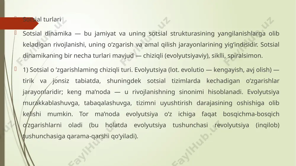 inqilobiy portlash, boshqaruvning mo'tadillar qo'liga o'tishi, ekstremizm va terrorchilikdan hokimiyatning tinch yo'l bilan rivojlanish qoidasiga qaytish; 2) islohotlar harakati — ijtimoiy hayotning alohida tomonlarini o'zgartirishni jamiyatda radikal o'zgarishlarsiz amalga oshirishga urinish (masalan, abolitsionizm harakat sifatida qandaydir qonunni bekor qilish talabi bilan chiqadi, ekologik harakat va hokazo); 3) hayoliy harakatlar — o‘z davridan ancha oldinga o'tib ketgan va harakatning zamonga mos kelmaydigan jihatlariga asoslangan holdagi yangi sotsial tartibotni shakllantirishga urinishlar; 4) qarshilik ko'rsatish harakatlari — ortiqcha inqilobiy sotsial o'zgarishlarga nisbatan ham ijobiy, ham salbiy ko'rinishdagi qarshiliklar; 5) ekspressiv (ta’sirli, hissiyotli) harakatlar — hali sotsial muhitni o'zini modifikatsiyalamay turib, unda xulqni modifikatsiyalash (xipp, rokerlar va boshqa harakatlar). sotsial harakatning turlari sifatida yana diniy, yoshlar, emigrantlar, feministlar harakatlari kabilami keltirish mumkin. sotsial harakatlar faqat muayyan vaziyatlarda vujudga keladi. sotsial vaziyatlarga (shart-sharoitlarga) misol tariqasida sotsial harakatlami vujudga kelishi va rivojlanishiga qulaylik tug'dirib beradigan quyidagi uning turlarini keltiramiz: sotsial buzg'unchilik (anomiya, begonalashuv), sotsial qoniqmaslik (sotsial …