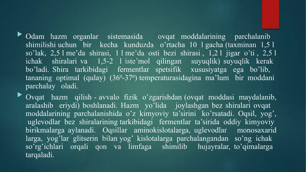 ish og’iz tirqishi lablar bilan chegaralanadi. tishlar (dentes) ovqat hazm qilishda ishtirok etib qolmay, odamda so’z bo’g’inlarini hosil qilishda ham qatnashadi. ular yuqori va pastki jag’ning tish katakchalarida milklarning yuqorigi chekkasida joylashadi. tishlar kimyoviy tarkibi va fizik xususiyatlari jihatidan suyaklarga o’xshaydi va ulardan kelib chiqishi bilan farq qiladi. tish uch qismdan: toji, bo’yni va ildizidan iborat. tish toji (corona dentes) og’iz bo’shlig’ida ko’rinib turgan qismi bo’lib, to’rtta yuzasi bor. tilga qaragan yuzasi (facies lingualis), og’iz dahliziga qaragan yuzasi (facies vestibularis) kesuv va kurak tishlarda lablarga qaragan (facies labialis), kichik va katta oziq tishlarda lunjga qaragan (facies buccalis) bo’ladi. tishlarning o’zaro yondoshgan yuzasi (facies contactus) va chaynov yuzasi (facies occlusalis) tafovut qilinadi. ovqat moddalari dastlab og’iz bo’shlig’ida mexanik va ximik o’zgarishlarga duchor bo’ladi. ovqatning tami, sifati uning organizmi uchun zararsizligi og’iz bo’shlig’ida joylashgan sezuvchi nerv oxirlari (retseptorlar) orqali aniqlanadi. organizmga zararli sifatsiz ovqat darxol chiqarib tashlanadi i. p pavlov og’iz bo’shlig’ini …
