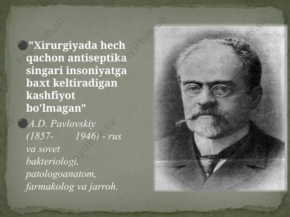– siz (inkor); septicos - yiringlashga olib keladigan, yiringli; aseptos - yiringlashga, parchalanishga tobe bo'lmagan) - jarrohlik operatsiyalari , bog’lamlarni almashtirish, endoskopiya va boshqa tibbiy va diagnostika muolajalari paytida bemorning yara, to'qimalar, organlar, tana bo'shliqlariga yuqumli qo'zg'atuvchilarning kirib kelishining oldini olishga qaratilgan chora-tadbirlar majmuasidir. aseptikaning asosiy qonuni: "yara yuzasi bilan aloqa qiladigan har bir narsa bakteriyalardan xoli bo'lishi kerak, steril bo'lishi kerak". yiringli-yallig'lanish jarayonlari ochiq jarohatlar, jarrohlik yaralari, ichi bo'sh organlarning yaxlitligi buzilgan yopiq jarohatlarning eng tez-tez uchraydigan va tez-tez og'ir asoratlari hisoblanadi. bu asoratlarning rivojlanishining sababi yaralarning mikrobial ifloslanishi - kontaminatsiya (contaminatio - joy almashish (lotin)) - mikroorganizmlarning yaraga kirishi. yara infektsiyasi - mahalliy va umumiy simptomlar bilan kechadigan yarada mikroblarning o'sishi, rivojlanishi jarayoni. yaraning ifloslanishi kerak emasligini va har doim yarada yuqumli jarayonga aylanmasligini bilishingiz kerak. kontaminatsiyaning ikkita asosiy manbai mavjud: ekzogen va endogen. ekzogen manba - tashqi muhitdan mikroblarning yaraga kirishi. endogen manba bemorning tanasida bo'lib, u …