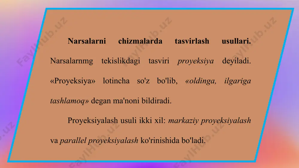 chakli parallel proyeksiyalash o'rniga qisqacha proyeksiyalash deyiladi. shunda to'g'ri burchakli parallel proyeksiyalash tushuniladi. qanday proyeksiyalash turlari mavjud? markaziy proyeksiya va parallel proyeksiya deb nimaga aytiladi? proyeksiyaning o'zi nima?
