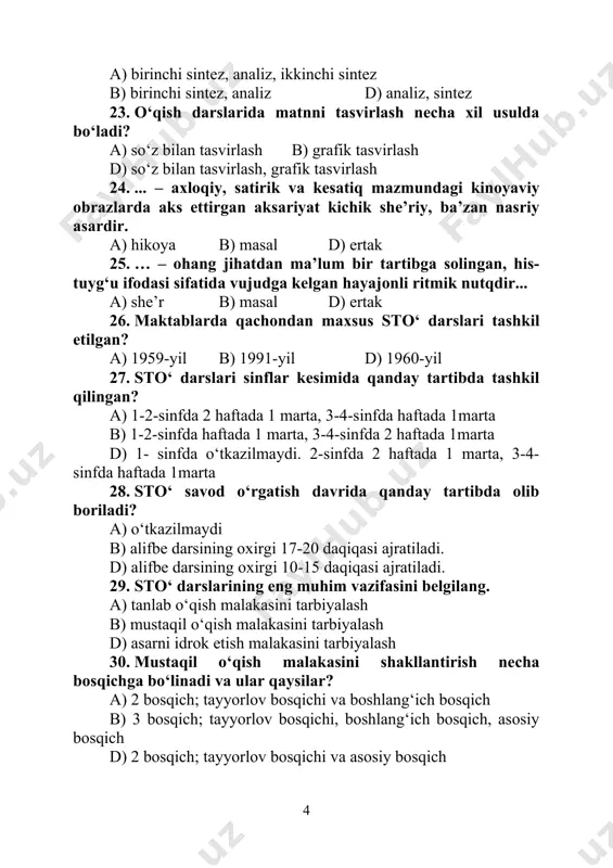rakteriga asosan mashqlar qanday turlarga bo‘linadi? a) analitik, sintetik, taqqoslashga, guruhlashga, umumlashtirishga oid mashqlar b) morfologik mashqlar, sintaktik mashqlar d) analitik, sintetik mashqlar 1. boshlang‘ich sinflar ona tili dasturiga muvofiq so‘zning morfemik tarkibi dastlab nechanchi sinfda o‘rganiladi? a) 2-sinfda b) 3-sinfda d) 4-sinfda 1. qaysi sinfda “so‘z turkumi” tushunchasi shakllantiriladi? a) 2-sinfda b) 3-sinfda d) 4-sinfda 1. otlarning egalik va kelishiklar bilan o‘zgarishi qaysi sinfda o‘rganiladi? a) 2-sinfda b) 3-sinfda d) 4-sinfda 1. boshlang‘ich sinflarda qaysi mavzular o‘rganilmaydi? 1. gap. 2. darak gap. 3. so‘roq gap. 4. buyruq gap. 5. his-hayajon gap. 6. sodda gap. 7. gap bo‘laklari. 8. gapning uyushiq bo‘laklari. 9.undalmali gaplar. a) 7, 8, 9 b) 4, 5, 9 d) hammasi o‘rganiladi 1. gap mavzusi qaysi sinfda o‘rganiladi? a) barcha sinflarda b) 3-sinfda d) 4-sinfda 1. metodikada imloga oid mashqlar necha turga bo‘linadi? a) 5 tur b) 7 tur d) 8 tur 1. metodikada imloga oid mashqlarga …