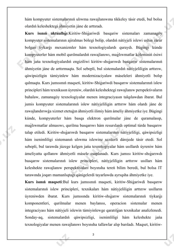 jańa texnologiyalardıń engiziliwi kiritiw-shıǵarıwdı basqarıw sistemalarınıń áhmiyetin jáne de arttırmaqta. sol sebepli, bul sistemalardıń nátiyjeliligin arttırıw, qáwipsizligin támiyinlew hám modernizaciyalaw máseleleri áhmiyetli bolıp qalmaqta. kurs jumısınıń maqseti, kiritiw-shiǵariwdi basqarıw sistemalarınıń islew principleri hám texnikasın úyreniw, olardıń keleshektegi rawajlanıw perspektivaların bahalaw, zamanagóy texnologiyalar menen integraciyasın talqılawdan ibarat. bul jumis kompyuter sistemalarınıń islew nátiyjeliligin arttırıw hám olardı jáne de rawajlandırıwģa xizmet etetuģın áhmiyetli ilimiy hám ámeliy áhmiyetke iye. búgingi kúnde, kompyuterler hám basqa elektron qurılmalar jáne de quramalasıp, maǵlıwmatlar almasıwı, qurilma basqarıwı hám resurslardı optimal túrde basqarıw talap etiledi. kiritiw-shıǵarıwdı basqarıw sistemalarınıń nátiyjeliligi, qáwipsizligi hám isenimliligi sistemanıń ulıwma islewine sezilerli dárejede tásir etedi. sol sebepli, bul tarawda júzege kelgen jańa texnologiyalar hám usıllardı úyreniw hám ámeliyatta qollanıw áhmiyetli másele esaplanadı. kurs jumısı kiritiw-shıǵarıwdı basqarıw sistemalarınıń islew principleri, nátiyjeliligin arttırıw usılları hám keleshekte rawajlanıw perspektivaları boyınsha tereń bilim beredi, bul bolsa it tarawında joqarı mamanlıqtaǵı qánigelerdi tayarlawda ayrıqsha áhmiyetke iye. kurs isınıń maqseti:bul …