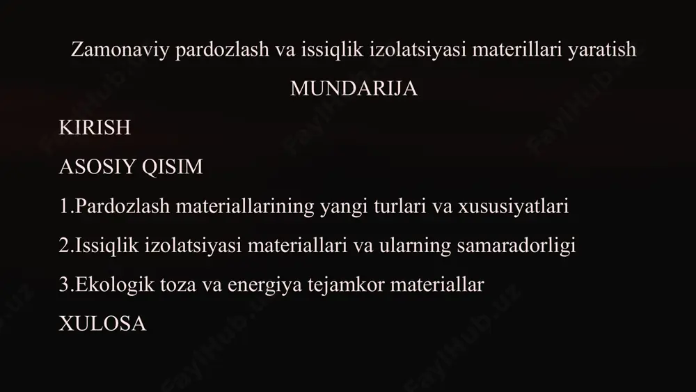 va teksturalar mavjud. 5 issiqlik izolatsiyasi materiallarining innovatsion texnologiyalari 1 aerogel izolatsiyasi engil va yuqori issiqlik izolatsiyasi xususiyatlariga ega. kosmik texnologiyalardan olingan. 2 vakuumli panellar juda yuqori issiqlik izolatsiyasi koeffitsienti. ingichka va samarali. 3 fazaviy o'zgaruvchan materiallar issiqlikni saqlash va chiqarish orqali haroratni tartibga soladi. energiya samaradorligini oshiradi. issiqlik izolatsiyasi materiallarining innovatsion texnologiyalari energiya tejash imkoniyatlarini kengaytiradi. aerogel izolatsiyasi, vakuumli panellar va fazaviy o'zgaruvchan materiallar kabi yangi texnologiyalar yuqori samaradorlik va qulaylikni ta'minlaydi. ushbu materiallar yordamida binolarni isitish va sovutish xarajatlarini sezilarli darajada kamaytirish mumkin. 6 ekologik toza va tejamkor materiallar yaratish qayta ishlangan materiallar ekologik toza va arzon. resurslarni tejash imkonini beradi. bio-asosli materiallar tabiiy xom ashyodan ishlab chiqariladi. biodegradatsiya xususiyatiga ega. energiya tejamkor ishlab chiqarish kam energiya sarfi bilan materiallar ishlab chiqarish. atrof-muhitga ta'sirni kamaytiradi. ekologik toza va tejamkor materiallar yaratish atrof-muhitni muhofaza qilish va resurslarni tejashning muhim omilidir. qayta ishlangan materiallar va bio-asosli materiallar kabi yangi yechimlar …