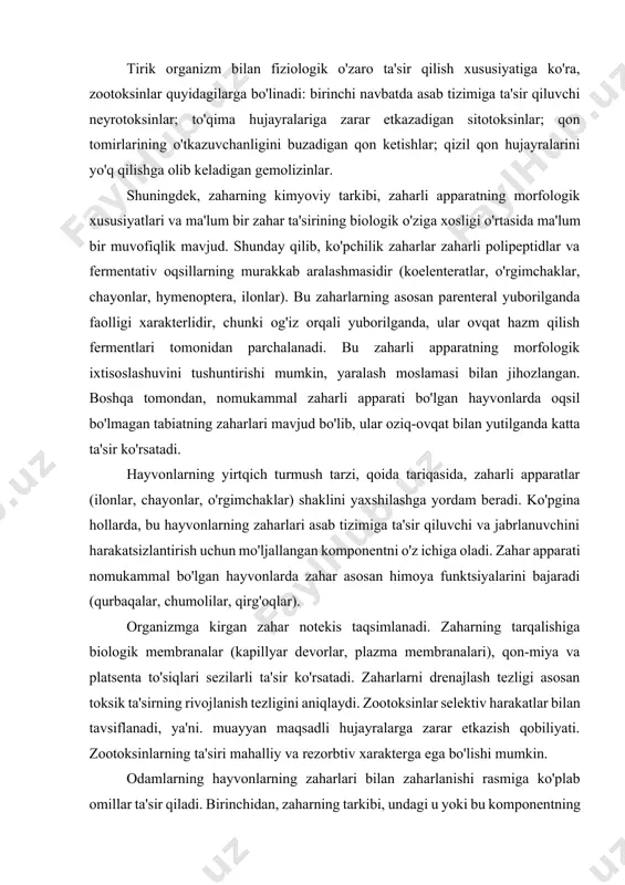 sezilarli ta'sir ko'rsatadi. zaharlarni drenajlash tezligi asosan toksik ta'sirning rivojlanish tezligini aniqlaydi. zootoksinlar selektiv harakatlar bilan tavsiflanadi, ya'ni. muayyan maqsadli hujayralarga zarar etkazish qobiliyati. zootoksinlarning ta'siri mahalliy va rezorbtiv xarakterga ega bo'lishi mumkin. odamlarning hayvonlarning zaharlari bilan zaharlanishi rasmiga ko'plab omillar ta'sir qiladi. birinchidan, zaharning tarkibi, undagi u yoki bu komponentning ustunligi zaharlanishning klinik ko'rinishini aniqlaydi: unda asab tizimining belgilari yoki shikastlanishi, yumshoq to'qimalar nekrozi, qon tomirlarining falajlanishi, qizil gemoliz ustun bo'lishi mumkin. qon hujayralari yoki ularning kombinatsiyasi. ikkinchidan, lezyonning joylashuvi. markaziy asab tizimiga qanchalik yaqin bo'lsa, zaharlanishning rasmi shunchalik og'irroq bo'ladi. uchinchidan, yil fasli. hayvonlarning qish uyqusi va eritishidan keyin ularning zahari ko'proq zaharli bo'ladi. to'rtinchidan, bemorning psixologik holati. asab tizimi labil bo'lgan muvozanatsiz bemorlarda zaharlanish rasmi yanada og'irroq. zaharli umurtqasizlar dengiz aholisi biomassasining muhim qismi umurtqasiz hayvonlardir. ular orasida turli taksonlarga tegishli ko'plab zaharli turlar mavjud: gubkalar, koelenteratlar, qurtlar, mollyuskalar, echinodermlar. dengiz mahsulotlaridan kompleks foydalanish muammosini hal qilishda …