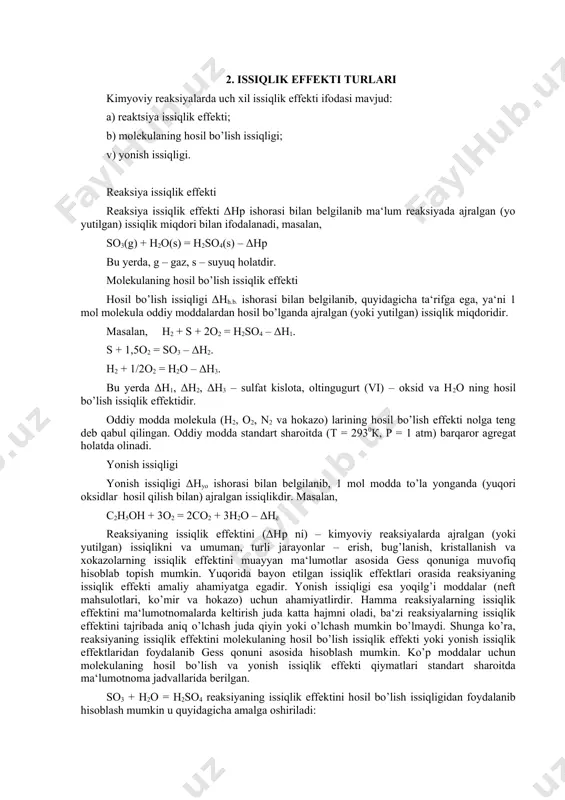 ) issiqlik sig’imi (c, cv, cp) deyiladi, ya‘ni: va dq = mcdt; dqv = ncvdt; dqp = ncpdt, (4.8.) kelib chiqadi. (4.7.)va (4.8.) tenglamalarni bir – biriga tenglashtirib, quyidagi tenglama olinadi: bundan: (4.9.) va kelib chiqadi (4.10.) bu tenglamalar o’rtacha va chin issiqlik sig’imlari orasidagi bog’lanishni ifodalaydi. ulardan foydalanib, dan е ni va, aksincha c dan e ni hisoblab chiqarish mumkin. 4. gess qonuni reaksiya issiqlik effektining jarayon bosib o’tgan yo’liga bog’liq emasligini 1836 yilda rossiya akademigi gess tajribada aniqladi. gess qonuniga ko’ra, kimyoviy reaksiyalarning issiqlik effekti reaksiyada ishtirok etadigan moddalarning boshlang’ich va oxirgi holatlarigagina bog’liq. lekin boshlang’ich holatdan oxirgi holatga qanday yo’l bilan o’tganligiga bog’liq emas. moddalar o’zaro reaktsiyaga kirishib boshqa moddalarga aylanishida qancha issiqlik chiqishi yoki yutilishini aniqlash uchun gess qonuniga ko’ra, boshlang’ich va oxirgi moddalarning hosil bo’lish issiqligini bilish kerak. masalan: ch4 + 2o2 = co2 + 2h2o + q reaksiyada moddalarning elementlardan hosil bo’lish issiqliklari quyidagicha: …