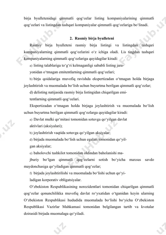 votalar doirasidi birjada muomalaga qo‘yiladi. 3. birja bitimlarining ishtirokchilari va ularga qo‘yiladigan talablar birja boshqaruvi tomonidan belgilangan tartibda ro‘yxatdan o‘tgan birja a’zolari birja bitimlarining ishtirokchilari hisoblanadi. birja a’zosining faqat birjada belgilangan qoidalarga muvofiq ro‘yxatdan o‘tgan va ishonchnoma asosida faoliyat yurituvchi treyderlari birja a’zosi nomidan bitimlar tuzish huquqi bilan birja savdolarida ishtirok etishi uchun ruxsat beriladi. birja a’zosi o‘zining treyderi (treyderlari) tomonidan birjada amalga oshiriladigan barcha harakatlar uchun javobgardir. treyderlarning noto‘g‘ri yoki ruxsat etilmagan harakatlari natijalari uchun birja javobgar emas. birja savdo zaliga birja savdolarida bitim tuzmaslik sharti bilan kirish uchun quyidagilarga ruxsat beriladi: · birjaning bosh makleri; · birja maklerlari; · savdo tizimining belgilangan tartibdagi faoliyatini ta’minlovchi birja mutaxassislari; · birja boshqaruvi raisi, uning o‘rinbosarlari; · qimmatli qog‘ozlar bozorini tartibga solish bo‘yicha vakolatli davlat organining vakolatli vakillari; · qonunda ko‘zda tutilgan tartib va hollarda boshqa shaxslar. savdolarni vaqtinchalik to‘xtatib qo‘yish va to‘xtatish huquqi bilan savdolar jarayoniga tezkor aralashish huquqiga, keyinchalik …