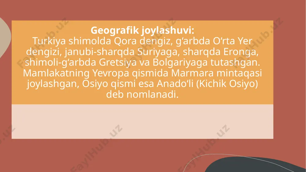 markazlari mavjud. mushak-skelet tizimi, suyak va asab tizimi 🌲 3. burs termal kurortlar qadimiy hammomlar bilan uyg‘unlashgan. uludağ chang‘i kurorti bilan birgalikda sog‘lomlashtirish va faol dam olish imkoniyati mavjud. termal suv tarkibida oltingugurt va natriy ko‘p. ✅ termal kurortlar xizmatlari: mineral vannalar loy bilan davolash massaj va fizioterapiya tibbiy ko‘rik va reabilitatsiya 💰 narxlar: oddiy sanatoriylarda 1 kecha narxi: 30–50 aqsh dollaridan boshlanadi luks darajadagi kurortlar: 70–150 aqsh dollarigacha ✈️ transport va turizm sohasidagi hamkorlik toshkent–istanbul o‘rtasida haftasiga bir nechta to‘g‘ridan-to‘g‘ri reyslar mavjud (turkish airlines, u samarqand, buxoro, urganch kabi shaharlardan ham reyslar soni ortib bormoqda. 2023-yildan boshlab turkiyaga charter reyslar soni ko‘paytirildi. turkiya – o‘zbekiston fuqarolari uchun eng ommabop sayyohlik yo‘nalishlaridan biri. turkiyaning rasmiy bayramlari 🇹🇷 29-oktabr – respublika kuni (cumhuriyet bayramı) 1923-yil aynan shu kuni turkiya respublikasi e’lon qilingan. davlat miqyosida tantanalar, paraddar, bayroqlar va otashfazonlik bilan keng nishonlanadi. eng muhim davlat bayrami hisoblanadi. 🎓 23-aprel – milliy …