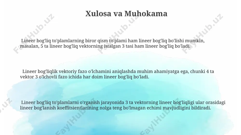 maning yechimlari soni cheksiz bo'lishi mumkin; masalan, 2x + 4y = 6 sistemasida x=1, y=1 va x=3, y=0 kabi cheksiz ko'p yechimlar mavjud. biror vektorning boshqa vektorlar orqali ifodalanishi agar n o'lchovli vektor fazosida m ta vektor berilgan bo'lsa (m>n), unda bu vektorlar to'plami albatta chiziqli bog'liq bo'ladi va kamida bitta vektor qolgan vektorlarning chiziqli kombinatsiyasi sifatida ifodalanishi mumkin. vektorning boshqa vektorlar orqali ifodalanishini topish uchun gauss usuli yoki matritsaning determinantini hisoblash kabi algebraik usullardan foydalanish mumkin. agar determinant nolga teng bo'lsa, vektorlar chiziqli bog'liq bo'ladi. chiziqli bog'liq vektorlar to'plamida kamida bitta vektor qolgan vektorlar orqali ifodalanishi mumkin, ya'ni uning koeffitsiyentlari nolga teng bo'lmagan chiziqli kombinatsiya mavjud. masalan, 3 ta 2 o'lchovli vektor chiziqli bog'liq bo'ladi. lineer bog'liqlik va vektor fazolari lineer bog'liqlik, vektorlar to'plamining 3 ta yoki undan ortiq vektorlari orasida, kamida bitta vektorni qolganlarning lineer kombinatsiyasi sifatida ifodalash mumkinligini bildiradi. masalan, r² fazosidagi (1, 0), (0, 1), (1, …