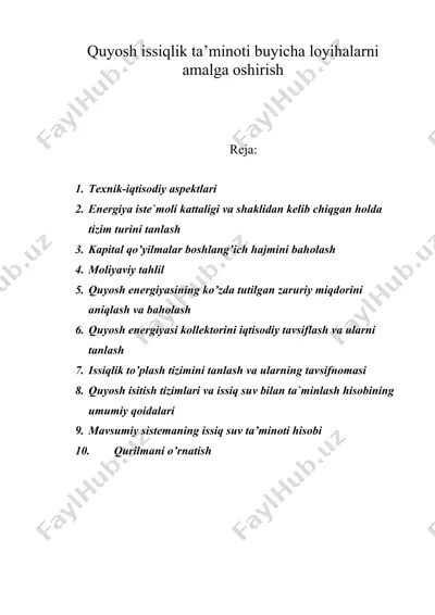 quyosh issiqlik ta’minoti buyicha loyihalarni amalga oshirish — DOC