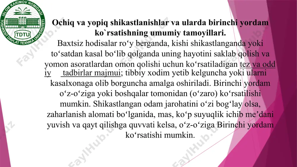 hushdan ketish, jarohatlanish, kuyish va b.); 3. yaqin atrofdagi kasalxona, poliklinikaga yetkazish. odam toʻsatdan betob boʻlib qolganida, turli xil baxtsiz hodisalar roʻy berganida, albatta tez yordam chakirish, noiloj qolgan hollarda duch kelgan transportda davolash muassasasiga olib borish zarur. toʻgʻri birinchi yordam koʻrsatish uchun doim tegishli bilim va malakani oshirib borish lozim. ishxona, avtomashina va uydagi dori kugichada birinchi yordam uchun zarur boʻlgan hamma narsalar boʻlishi kerak. davolash qorin bo'shlig'ining yopiq shikastlanishini jarrohlik davolash taktikasini tanlashda yig'ilgan qon hajmini miqdoriy baholash va qorin bo'shlig'ining ichki organlari, asosan parenximatoz organlarning shikastlanish og'irligini ultratovush bilan aniqlash muhim ahamiyatga ega. bugungi kunda qorin bo'shlig'i shikastlanishlari shoshilinch jarrohligida qorin bo'shlig'i organlarini instrumental tekshirishning dastlabki usuli ultratovush hisoblanadi, bu hayot uchun xavfli jarohatlarni erta aniqlash orqali jabrlanganlarga yordam sifatini yaxshilashga olib keladi. tashqi muhitning kishi organizimiga ta'siri natijasida to'qima va organlarda anatomik va funksional o'zgarishlar paydo bo'lishi shikastlanish deyiladi. grekchada "trauma"- shikastlanish degan ma'noni anglatadi. organizmga …
